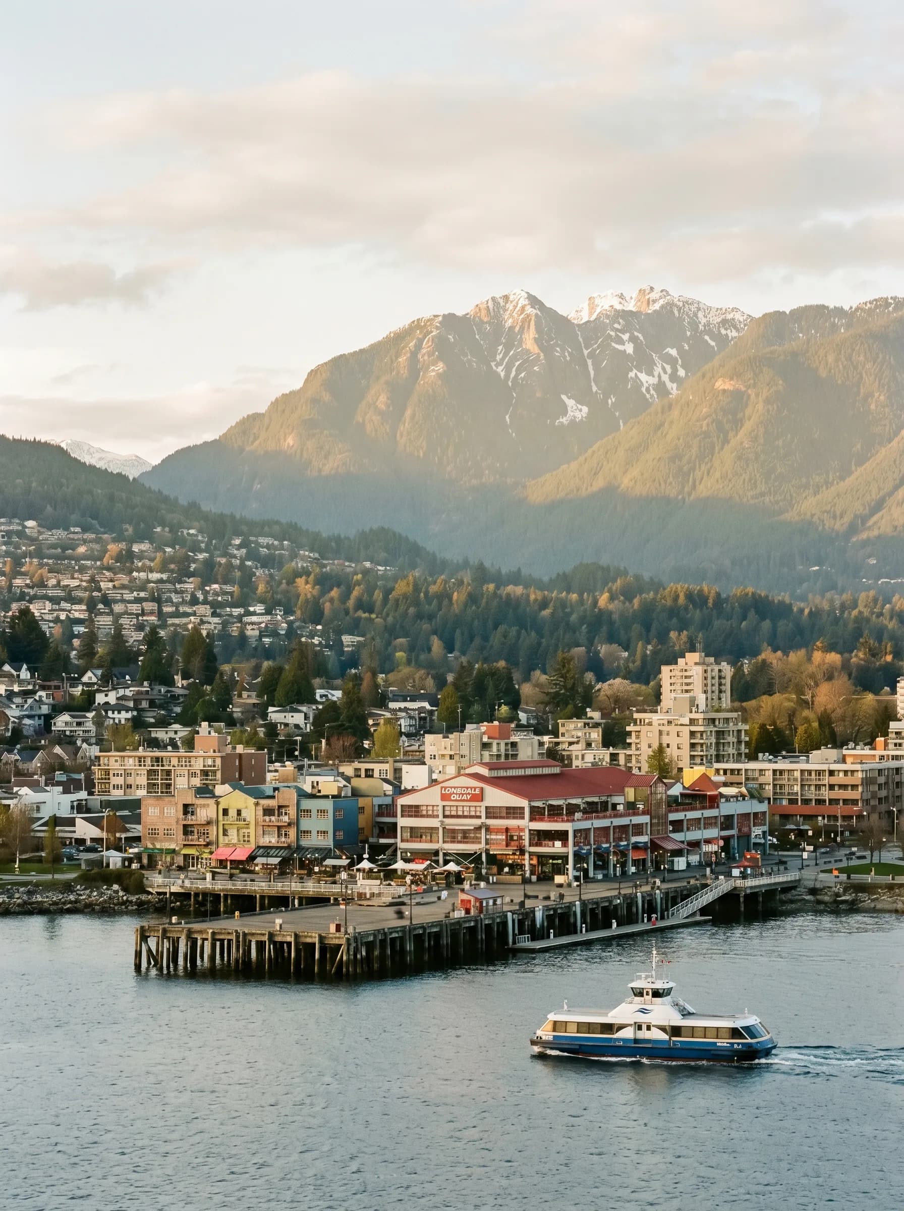 Lonsdale Quay and the North Vancouver waterfront with a SeaBus crossing Burrard Inlet and the Coastal Mountains rising behind at golden hour — Distinctive Form serves North Vancouver and the North Shore