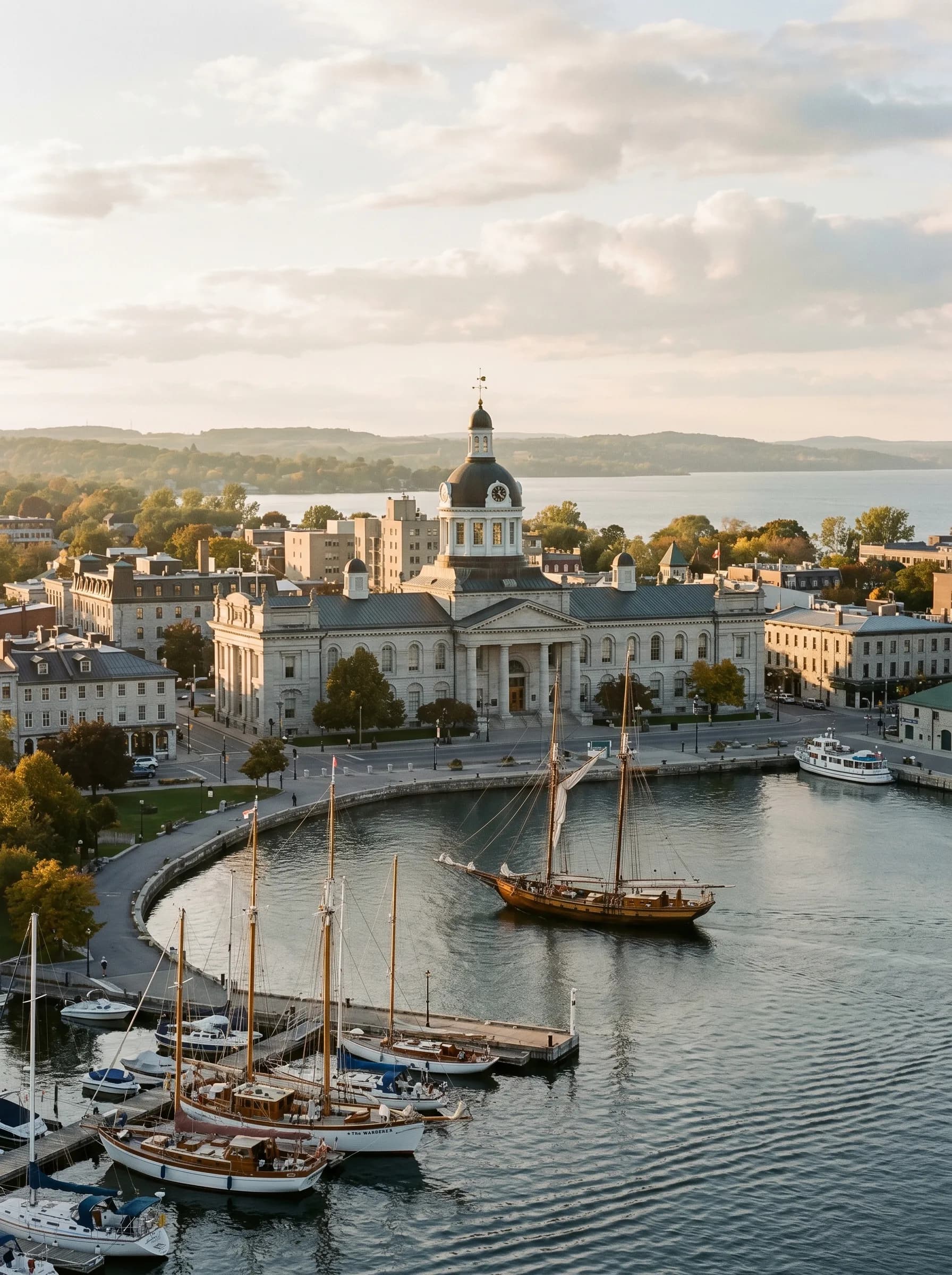 The neoclassical limestone Kingston City Hall above the harbour with classic sailing yachts moored along the Lake Ontario waterfront at golden hour — Distinctive Form serves Kingston and Eastern Ontario