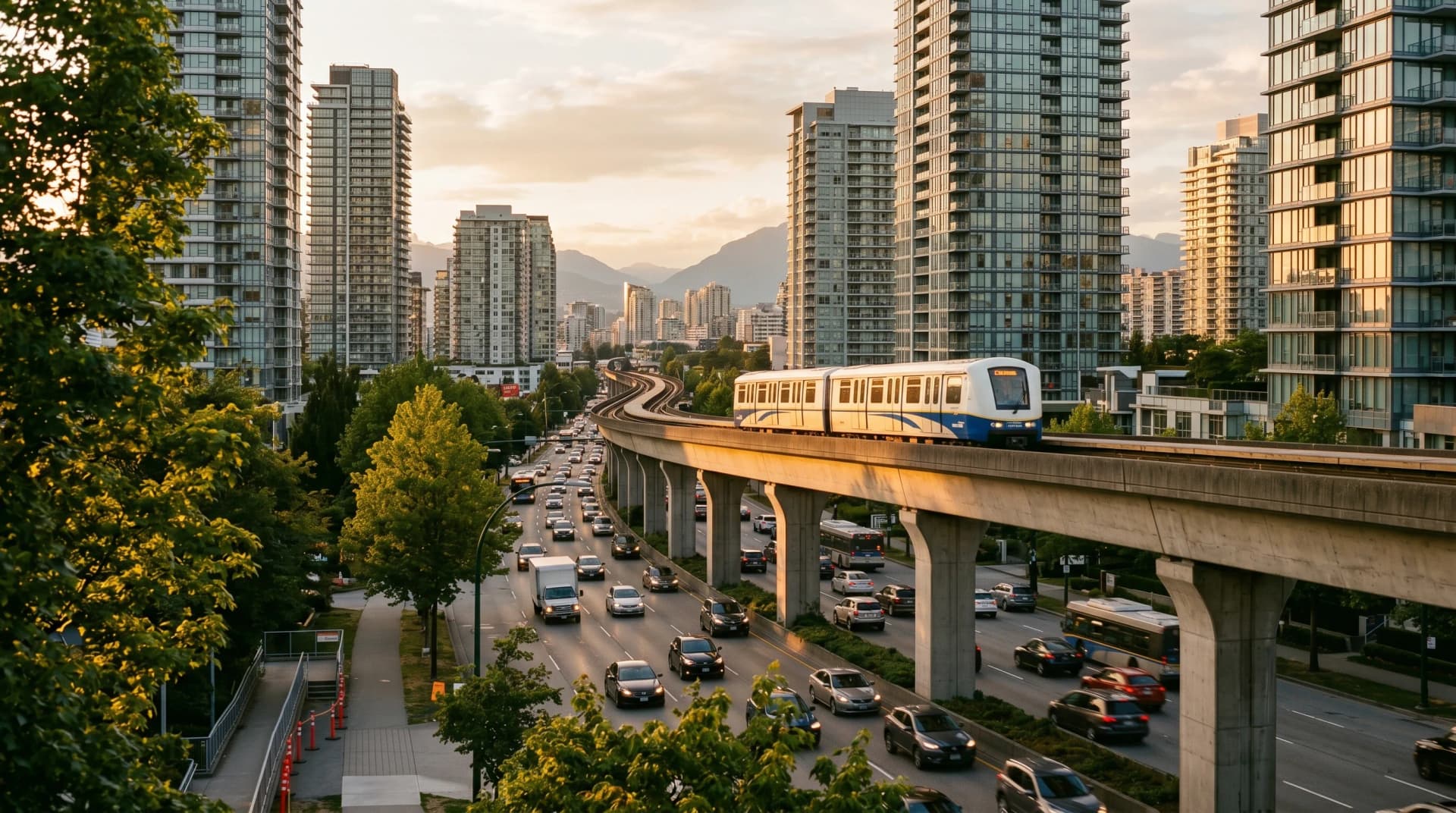The elevated Millennium Line SkyTrain guideway arcing across a Burnaby arterial road near Brentwood with a transit car passing through modern glass condo towers — Distinctive Form serves Burnaby