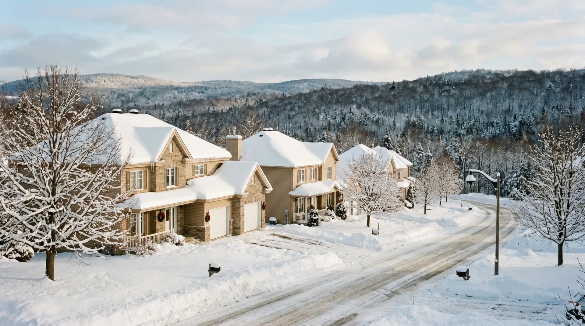 A Rock Forest Sherbrooke residential street in deep mid-winter with established two-story homes under heavy Eastern Townships snow, mature maples coated in fresh wet snow, and rolling Townships forested hills in the background — Distinctive Form serves Sherbrooke