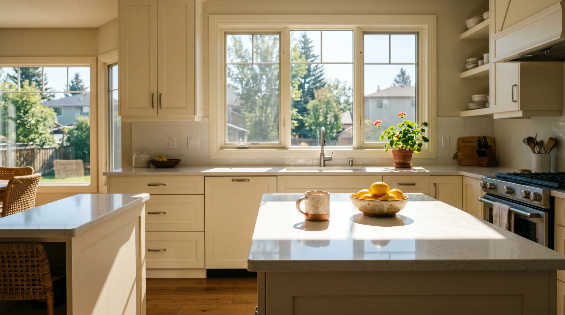 A south-facing Uplands Lethbridge kitchen flooded with intense Southern Alberta sunshine, a polished white engineered quartz countertop with clean eased edge on cream shaker cabinetry — the UV-saturated kitchens Distinctive Form serves in Lethbridge
