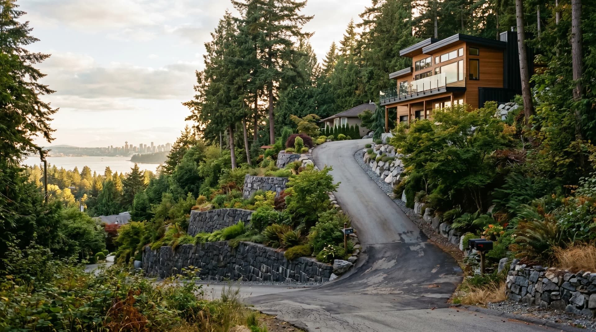 A steep winding hillside driveway in Upper Lonsdale or Pemberton Heights North Vancouver at golden hour climbing toward a contemporary West Coast modern home, with terraced dark basalt retaining walls, Douglas-firs, and Burrard Inlet beyond — Distinctive Form serves North Vancouver