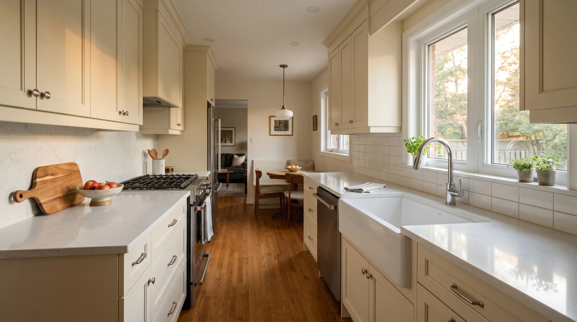 A renovated 1970s Roseland Burlington galley kitchen with a polished white quartz countertop with an eased edge on cream shaker cabinetry and a deep apron sink under a small window in warm afternoon Halton light — Distinctive Form serves Burlington