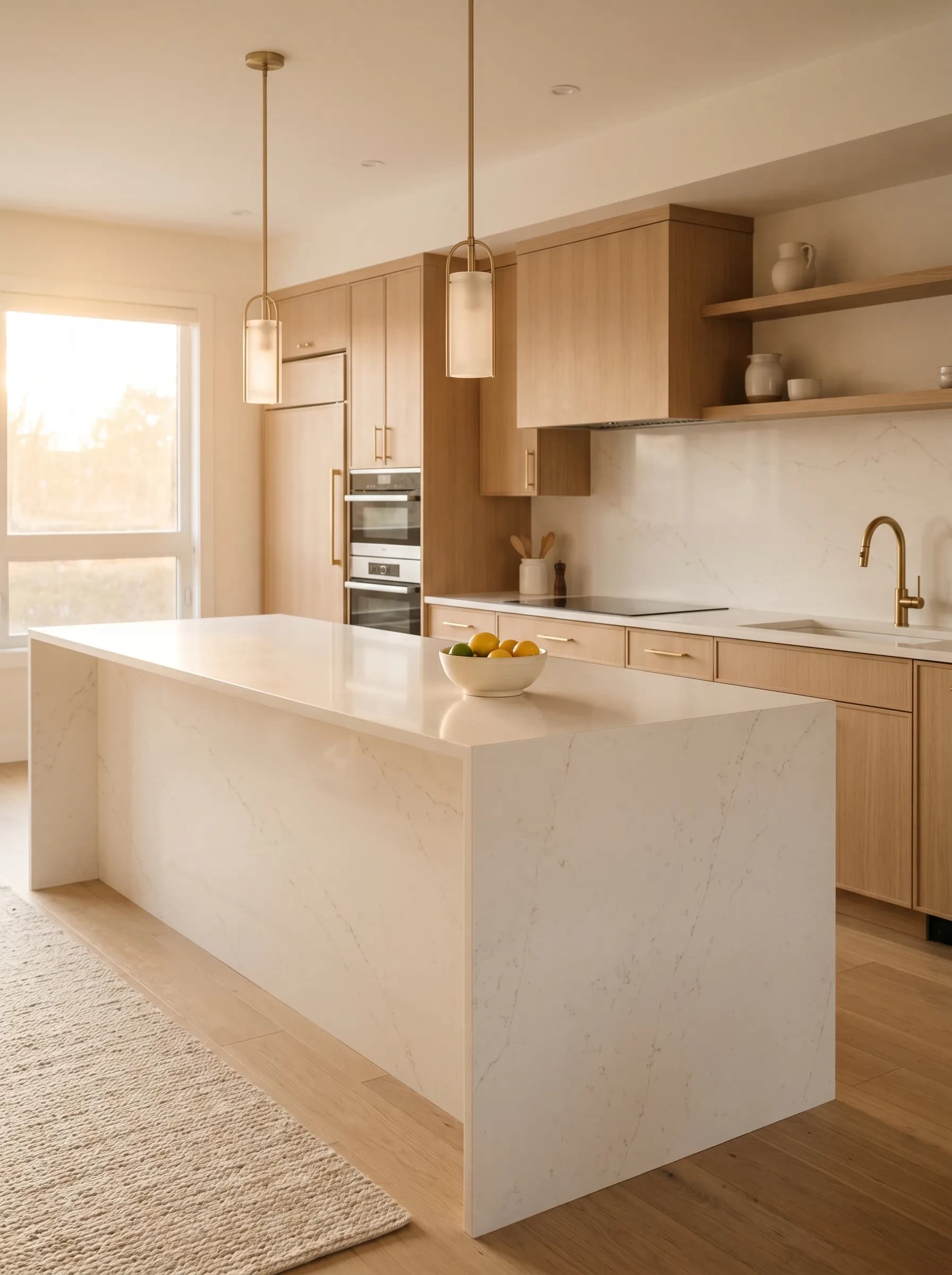 Luxury modern Canadian kitchen with a polished white engineered quartz waterfall island, warm white-oak cabinetry, and brushed brass hardware — Distinctive Form premium countertops