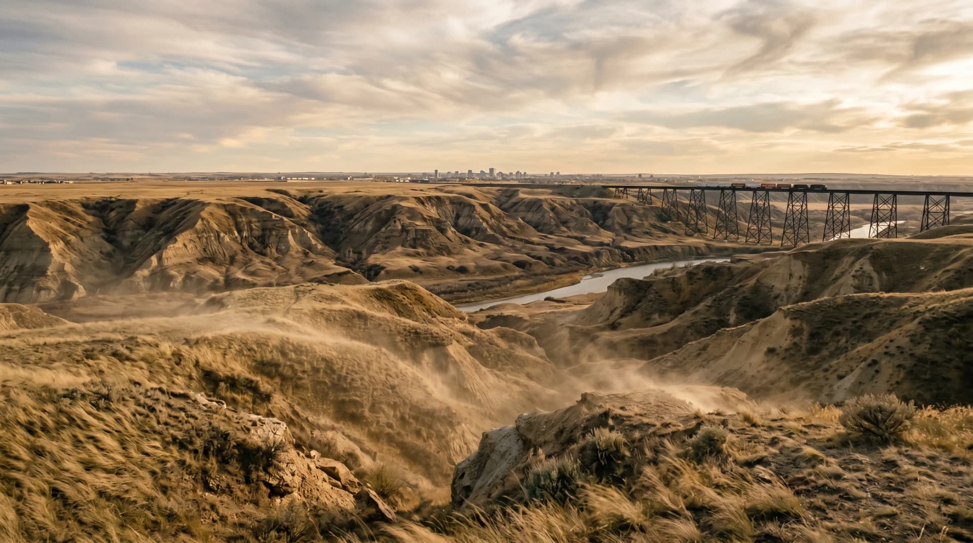The Oldman River coulees west of Lethbridge at golden hour with wind-bent prairie grass, drifting dust, and the High Level Bridge in the distance — the relentless Southern Alberta wind Distinctive Form designs around for Lethbridge