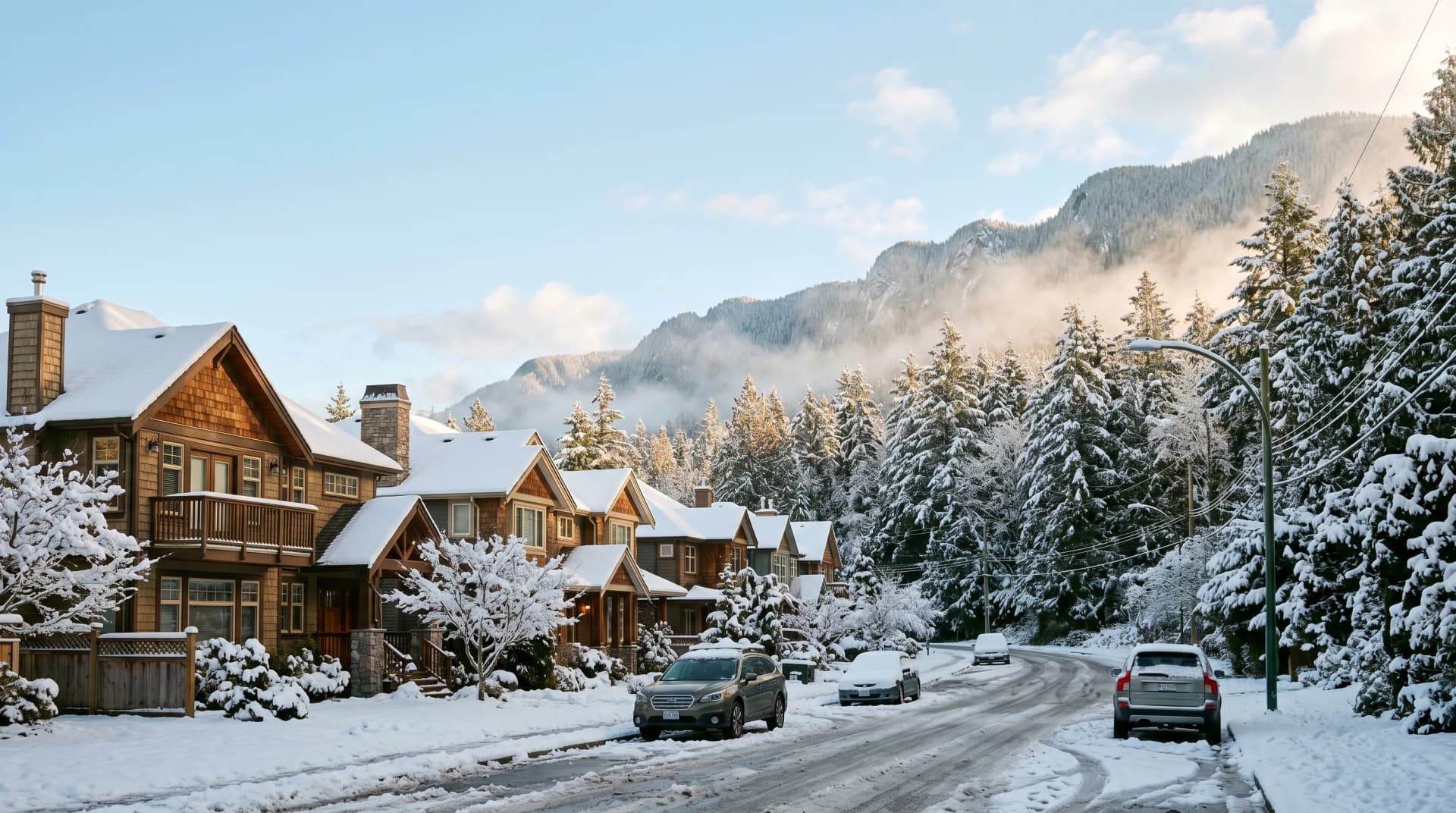 A Silver Valley Maple Ridge residential street at the edge of the Coast Mountain forest in deep wet mid-winter with heavy snow on rooftops, Douglas-firs bent under wet snow, drifting mountain mist, and a clear cold pale-blue sky — Distinctive Form serves Maple Ridge