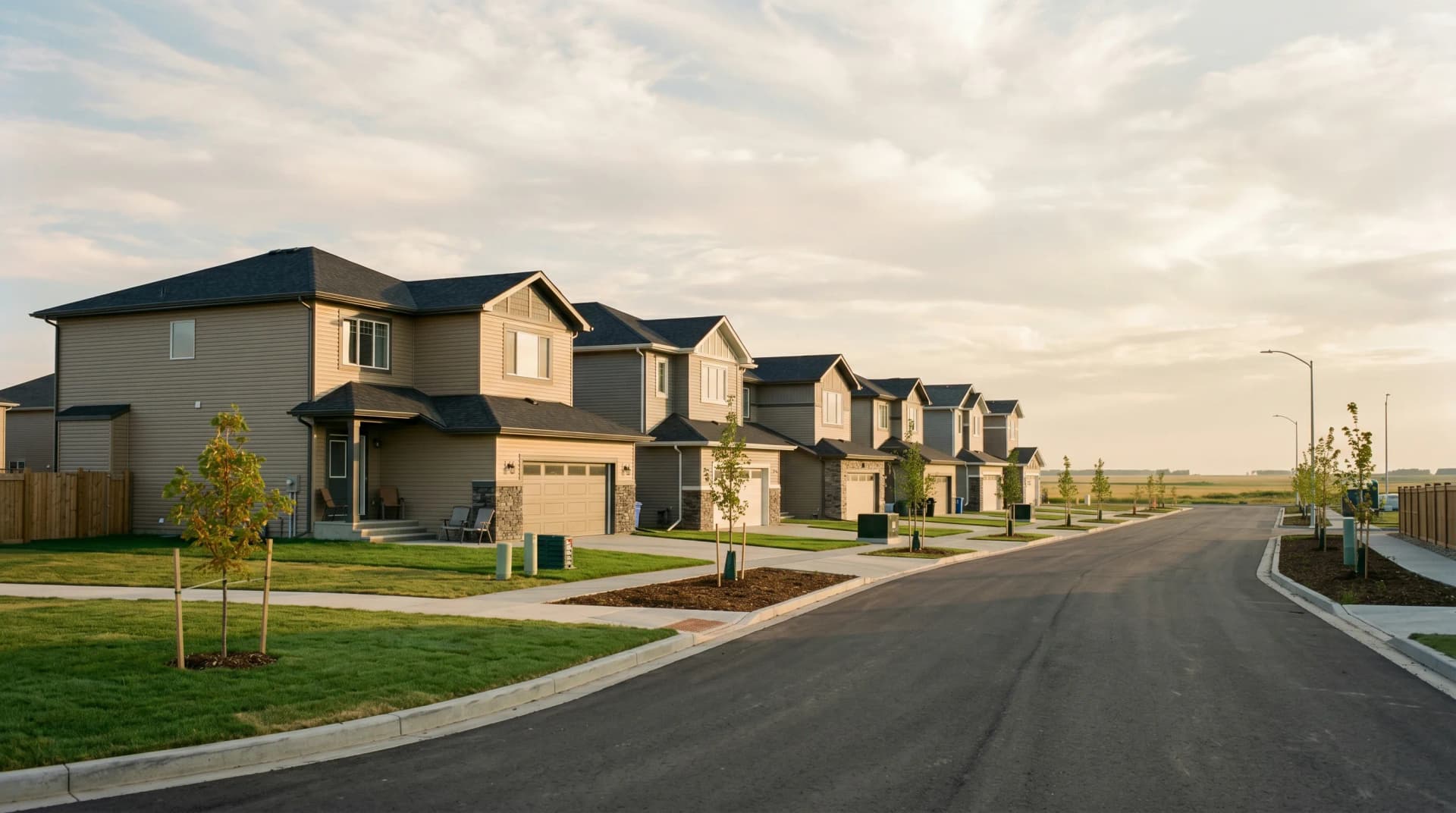 A brand-new Brighton or Stonebridge Saskatoon suburban community with 2020s prairie detached two-story homes, fresh sod lawns with young saplings, and a wide flat prairie sky overhead at golden hour — the booming Saskatoon new-build suburbs Distinctive Form serves