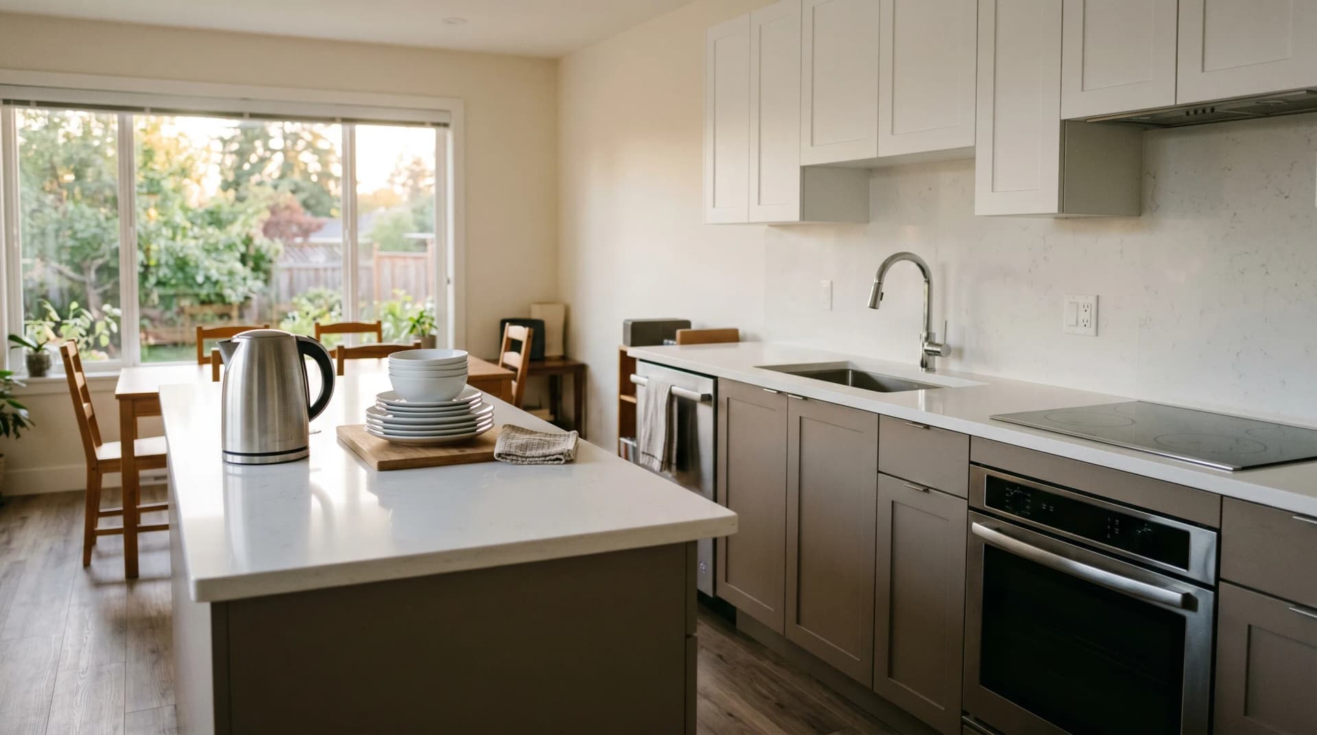 A Gordon Head Saanich rental-area family kitchen at golden hour with a polished white engineered quartz countertop, eased edge, durable warm-grey cabinetry, plain stainless kettle and stacked white ceramic plates suggesting tenant turnover, and warm Pacific afternoon light — Distinctive Form serves Saanich