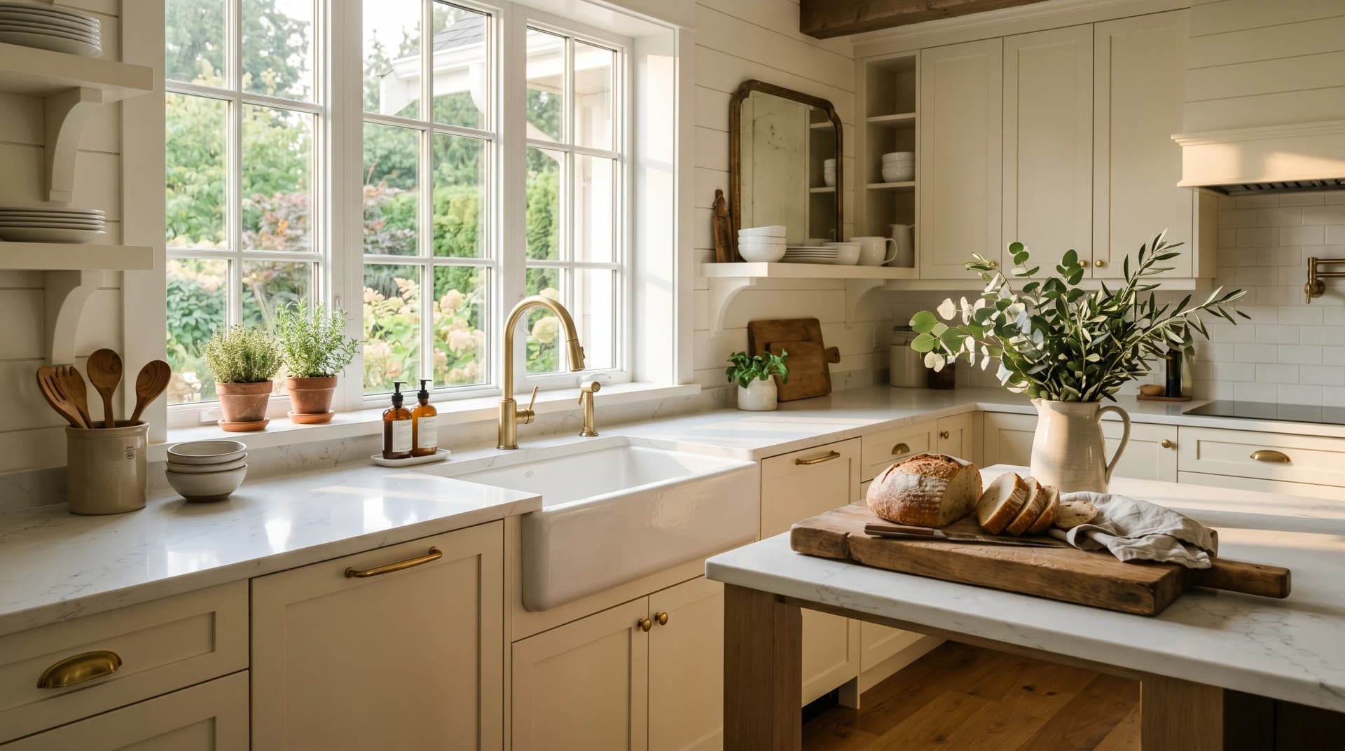 A warm transitional farmhouse-style Langley family kitchen at golden hour with a polished white marble-look engineered quartz countertop, semi-bullnose edge, cream shaker cabinetry, apron-front farmhouse sink, and brushed-brass hardware — Distinctive Form serves Langley