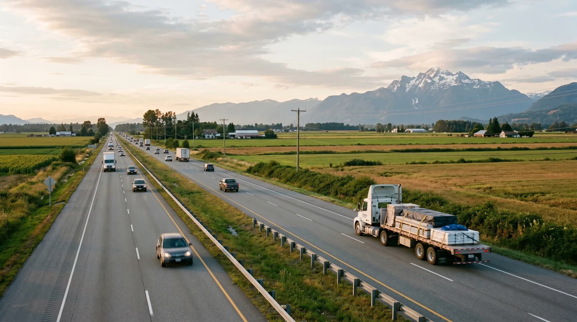 Highway 1 stretching east through the Upper Fraser Valley toward Chilliwack at golden hour with a single white delivery transport truck carrying secured palletized building materials, vast late-summer fields, and snow-capped Mount Cheam on the horizon — Distinctive Form serves Chilliwack