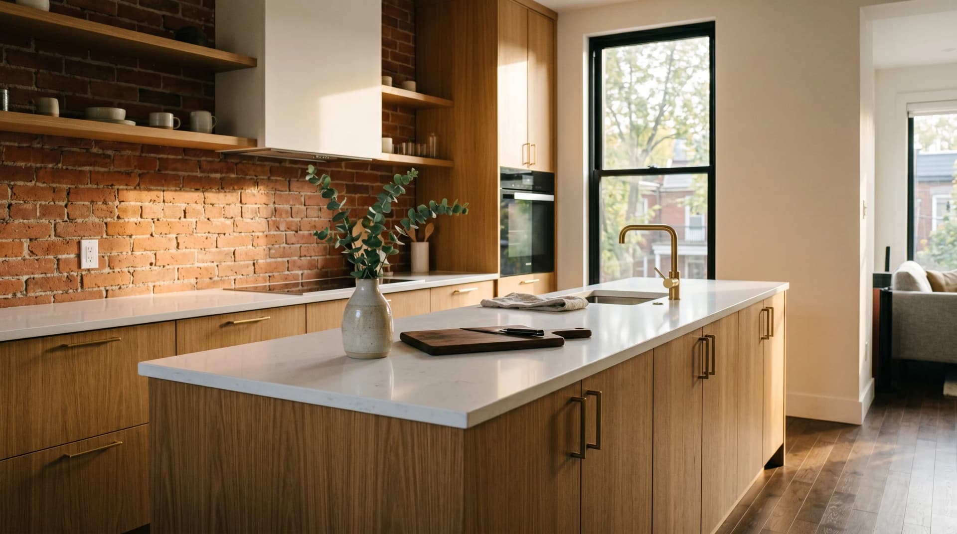 An elegant Mile End or Outremont Montreal kitchen with a white quartz countertop, an exposed red-brick accent wall, and brass cabinet hardware at golden hour — the refined bilingual market Distinctive Form serves in Montreal