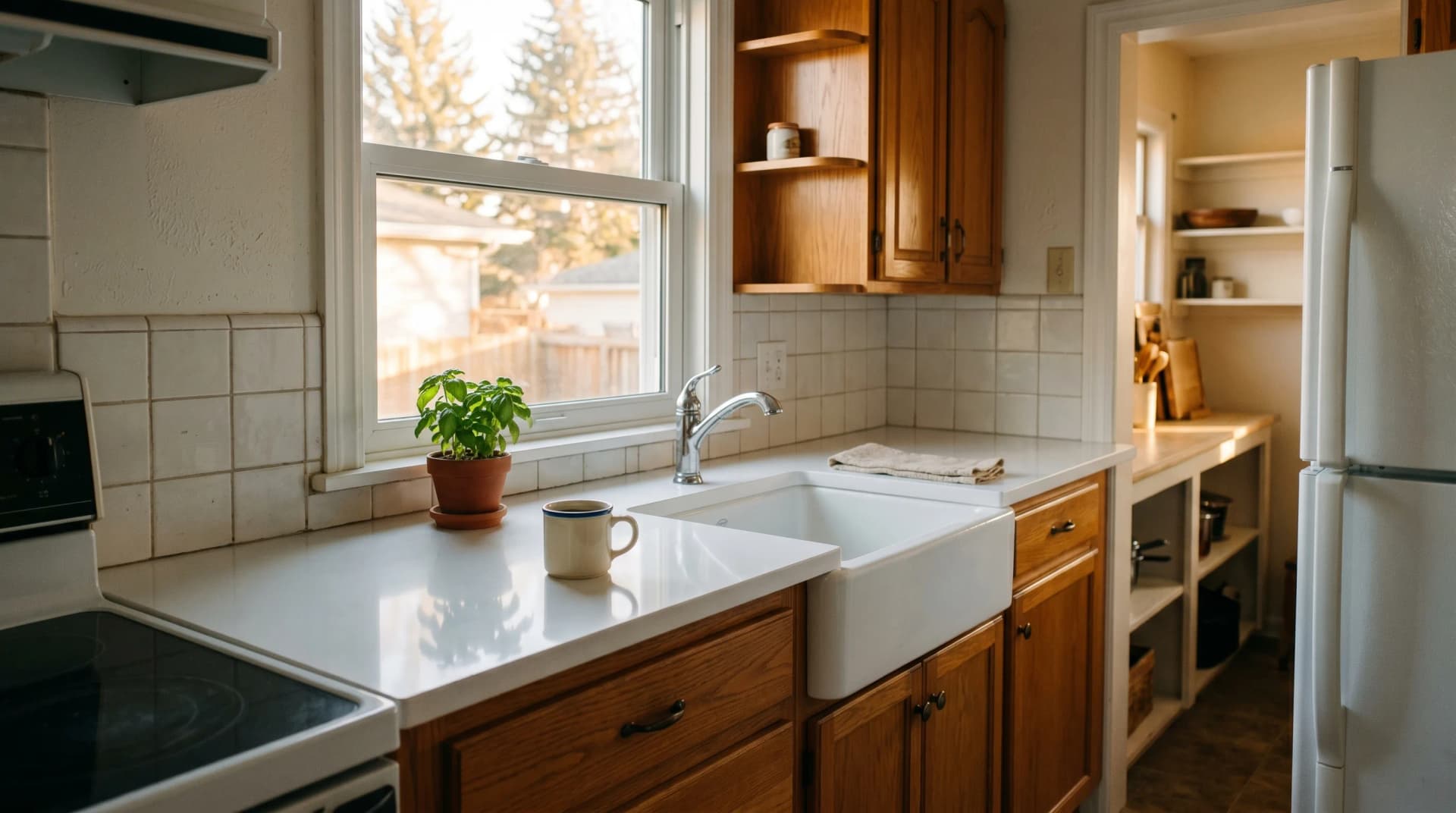 A 1960s Crescent Heights or Norwood Medicine Hat compact galley kitchen at golden hour with a polished white engineered quartz countertop and clean eased edge precisely retrofitted onto refreshed honey-oak cabinetry and an apron sink — the precision older-home work Distinctive Form serves Medicine Hat with