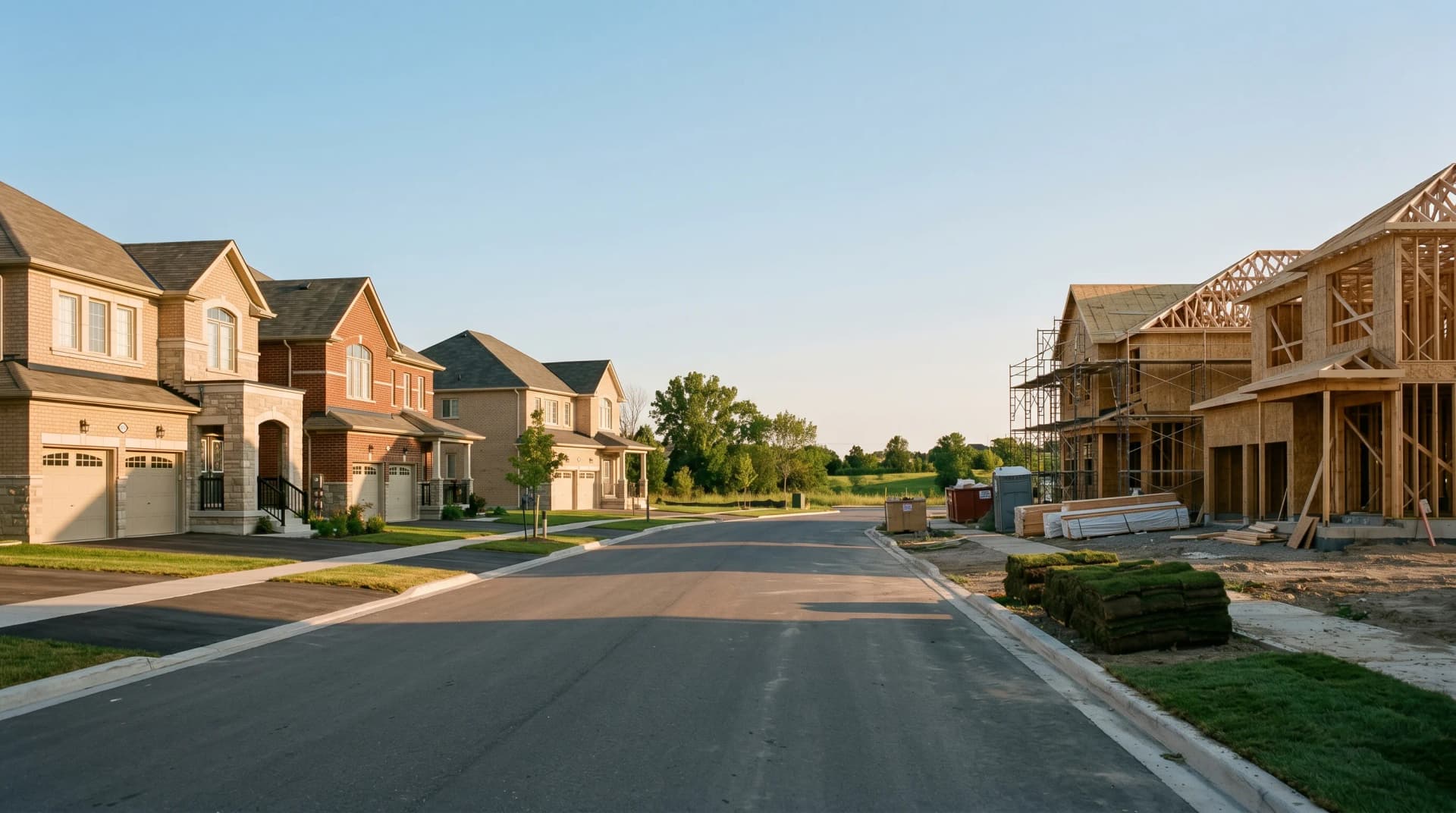 A row of newly built brick-and-stone Brampton subdivision homes alongside more under active construction with scaffolding and rolls of sod at the curb — Distinctive Form serves Brampton