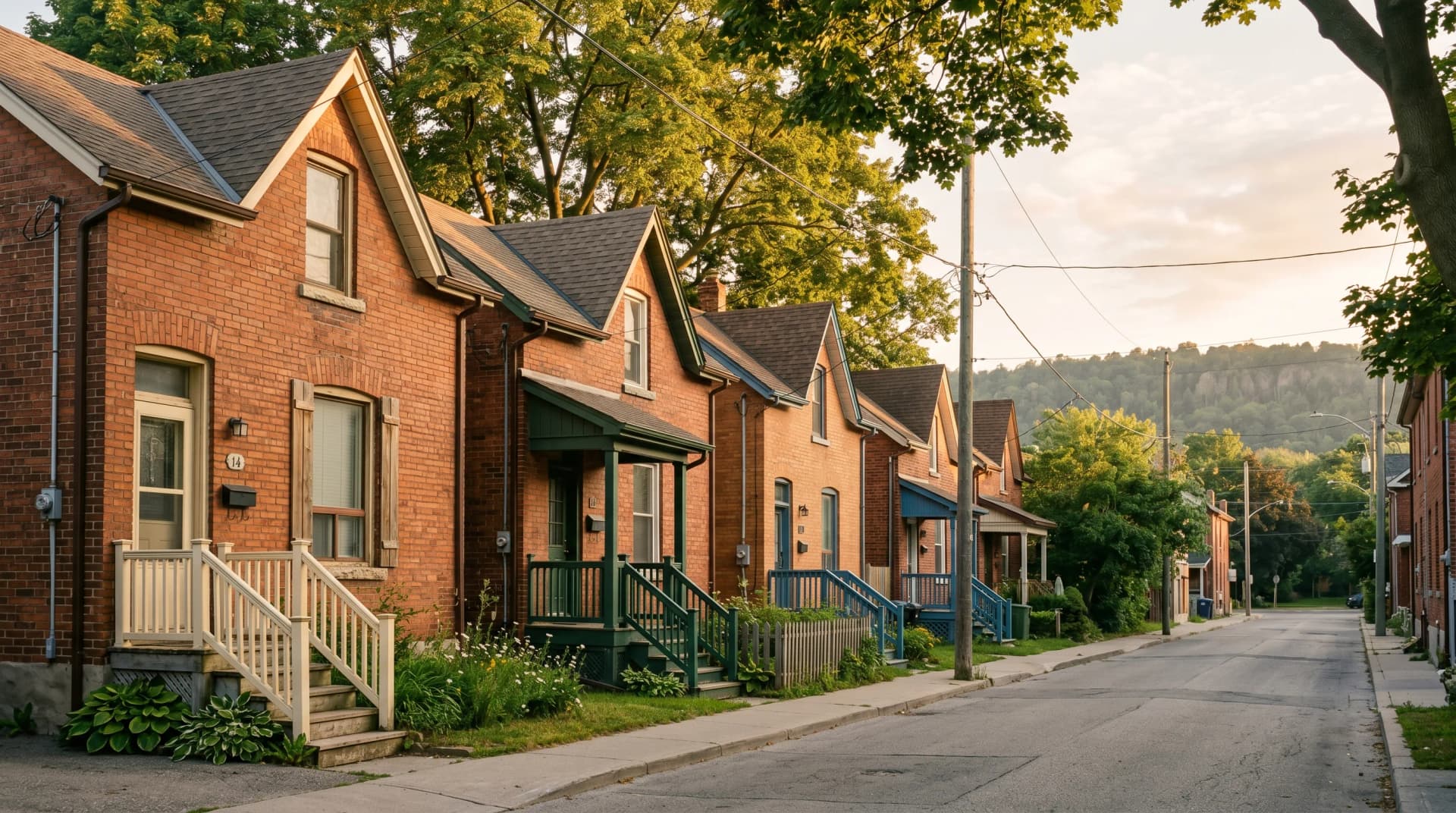 A tight row of narrow early-1900s Hamilton brick worker cottages in Kirkendall or Corktown with small painted porches and mature maples overhead — the industrial-heritage worker cottages Distinctive Form serves in Hamilton