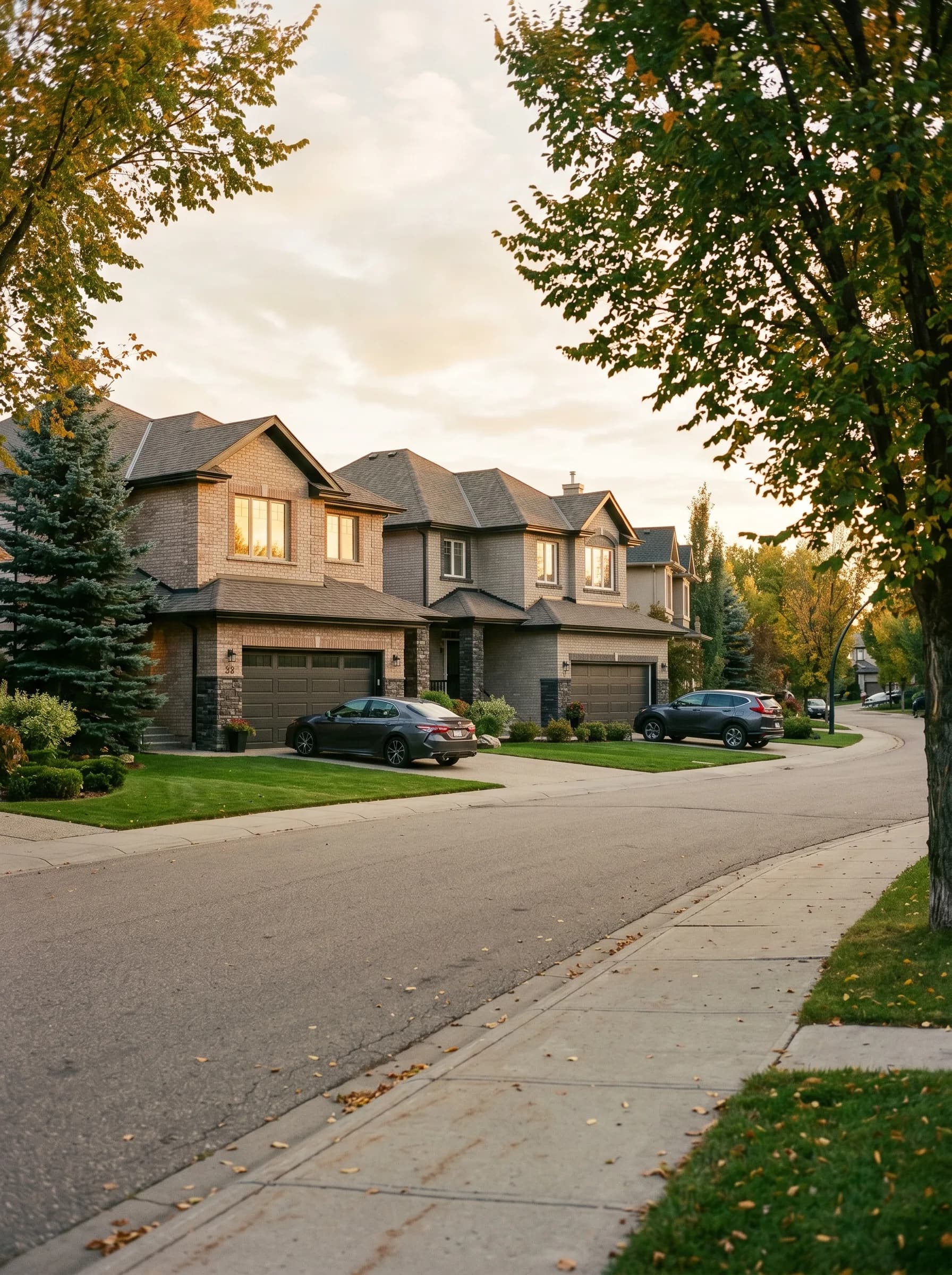 A St. Albert, Alberta residential street with newer two-story homes, spruce and deciduous trees, and manicured lawns — Distinctive Form serves St. Albert and the Edmonton Capital Region