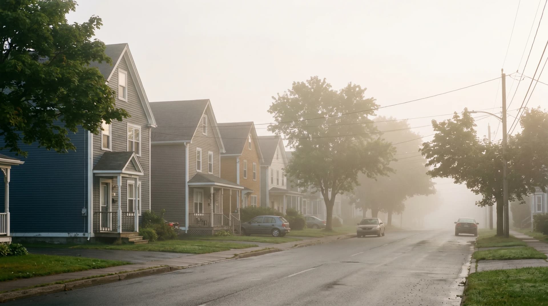 A Millidgeville Saint John residential street wrapped in dense Bay of Fundy fog at soft early-morning light with clapboard family homes faintly visible through thick rolling Atlantic mist and maples in late-summer green — Distinctive Form serves Saint John