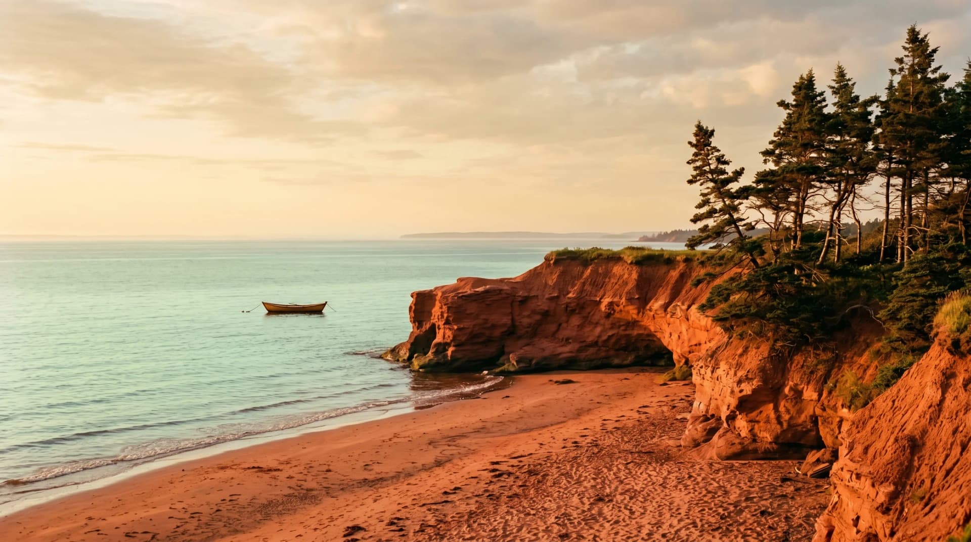 Vibrant red-orange PEI sandstone cliffs and red-sand beach beside calm aqua-green Northumberland Strait water with wind-bent coastal spruce on the cliff top — Distinctive Form serves Charlottetown