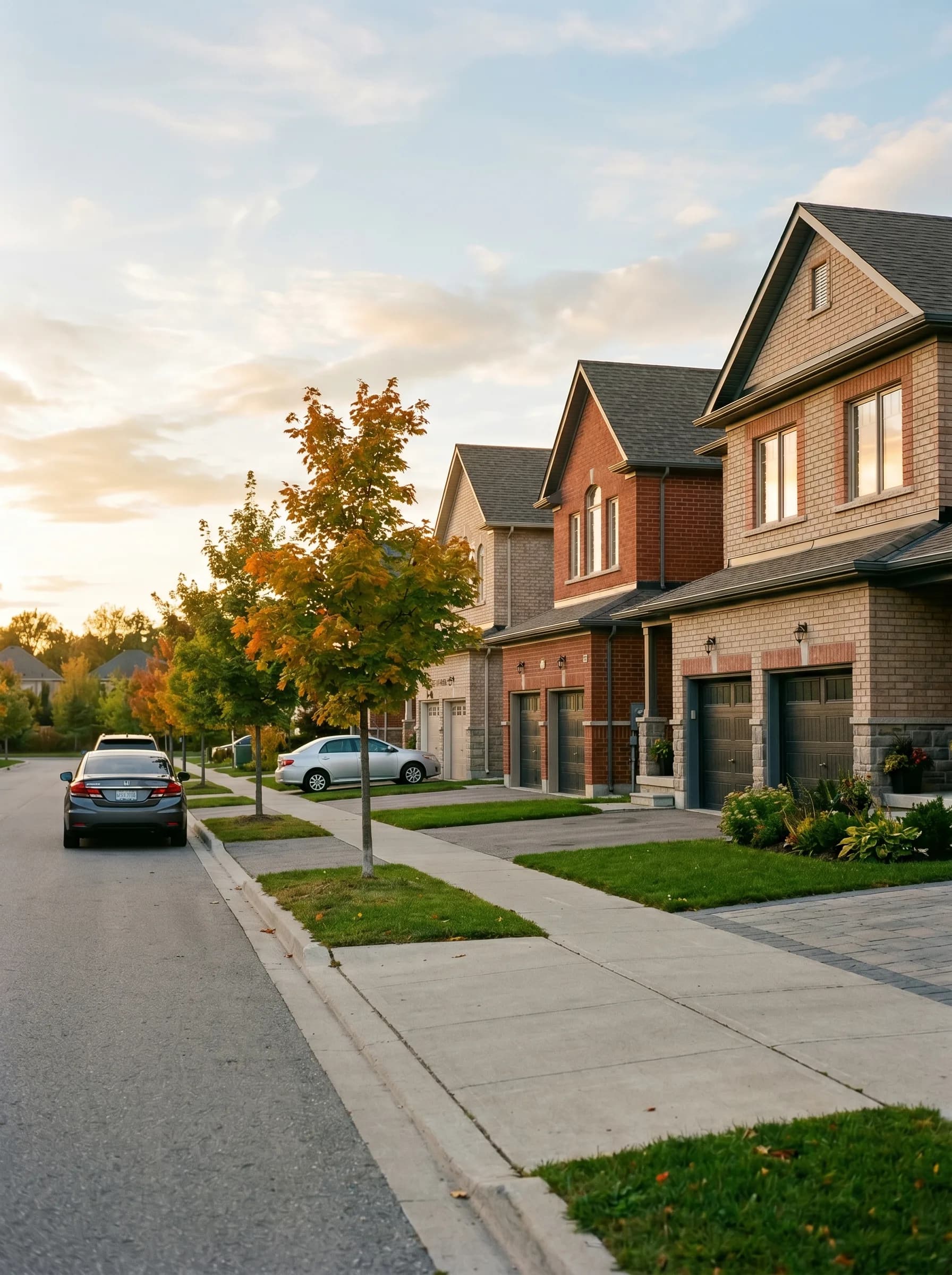 A residential street in Brampton, Ontario at golden hour with rows of brick semi-detached and detached homes — Distinctive Form serves all Brampton neighborhoods