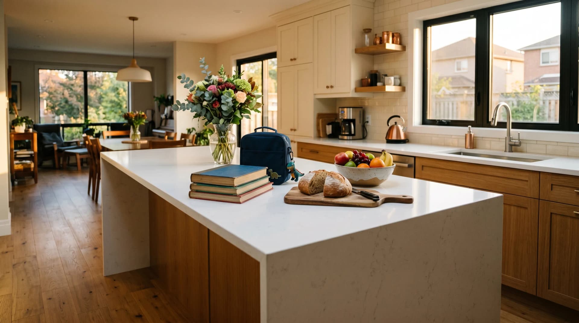 A bright Brampton family kitchen with a white engineered quartz waterfall island on honey-oak cabinetry, school books and a lunch bag on the counter — Distinctive Form serves Brampton