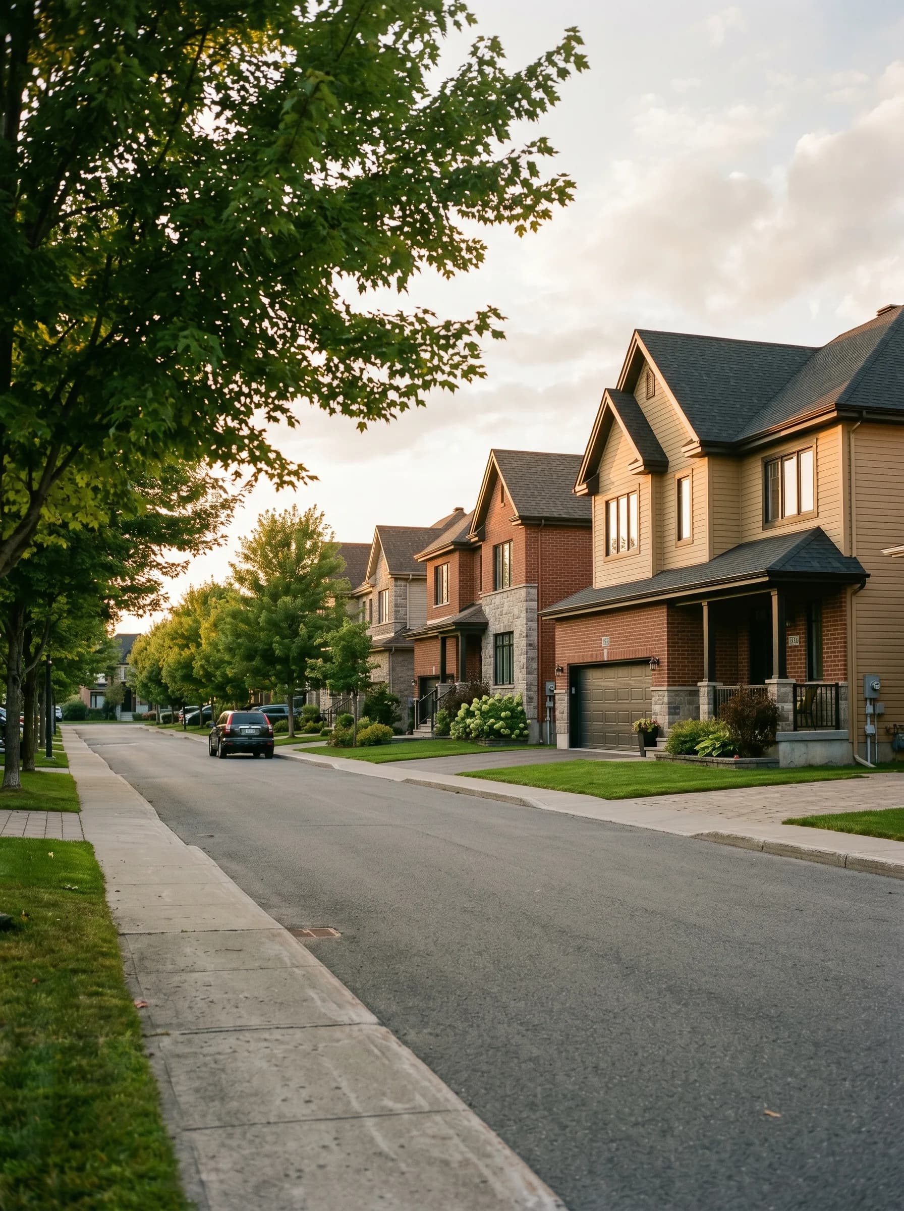 A Laval, Quebec residential street with newer two-story brick homes, mature maples lining the sidewalk, and a Greater Montreal North Shore atmosphere — Distinctive Form serves Laval and the North Shore