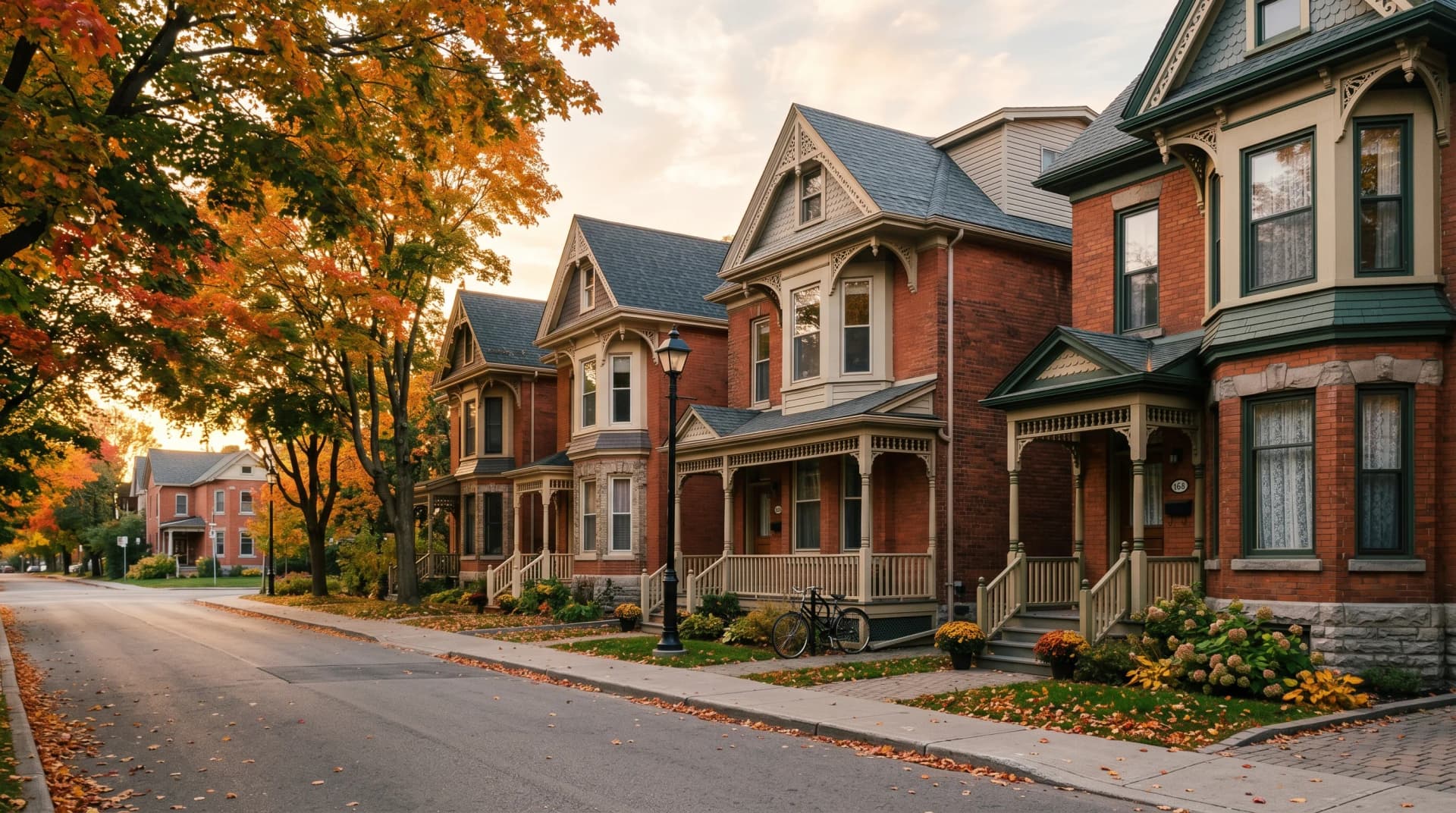 A heritage residential street in The Glebe or Sandy Hill with classic Ottawa red-brick and stone Victorian and Edwardian homes, bay windows, and amber early-autumn maples overhead — the heritage-conservation neighborhoods Distinctive Form serves in Ottawa