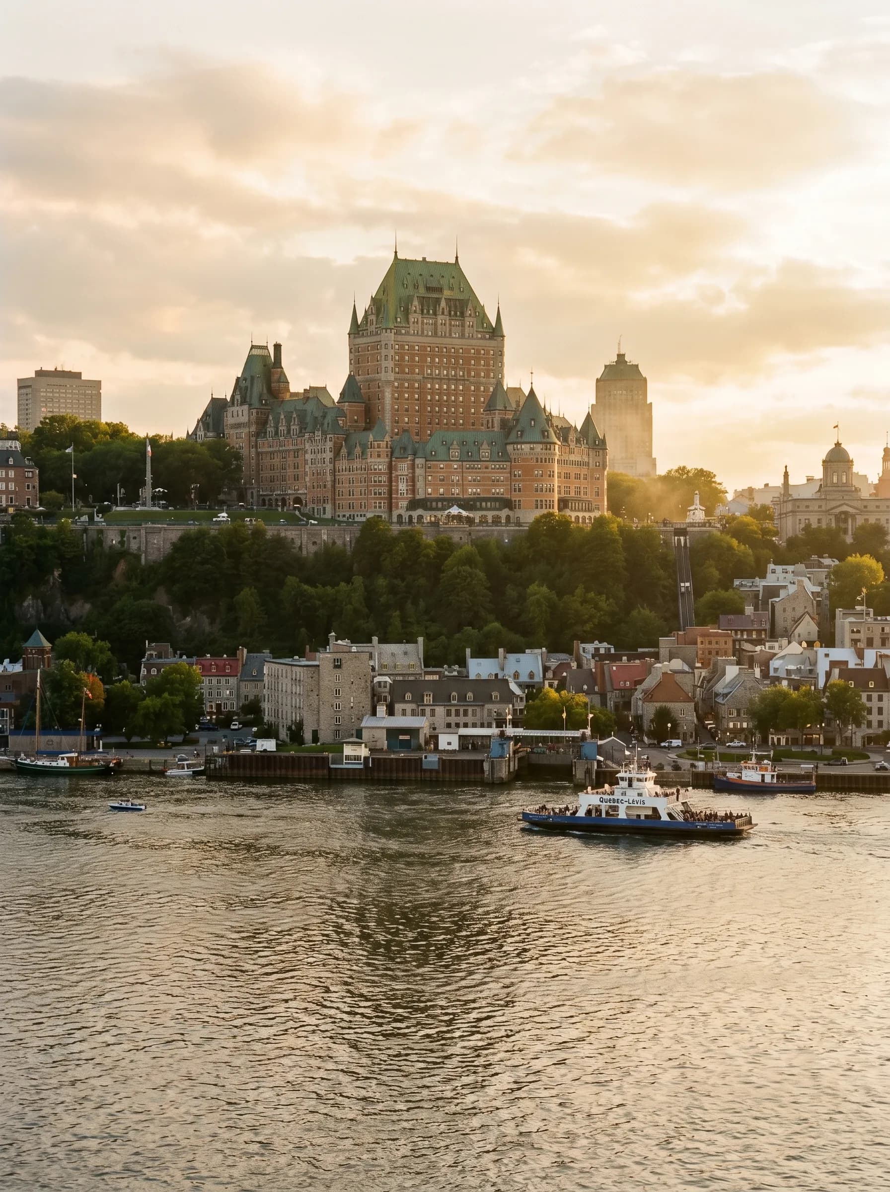 The Château Frontenac and Old Quebec City viewed across the St. Lawrence River at golden hour — Distinctive Form serves the Quebec City region