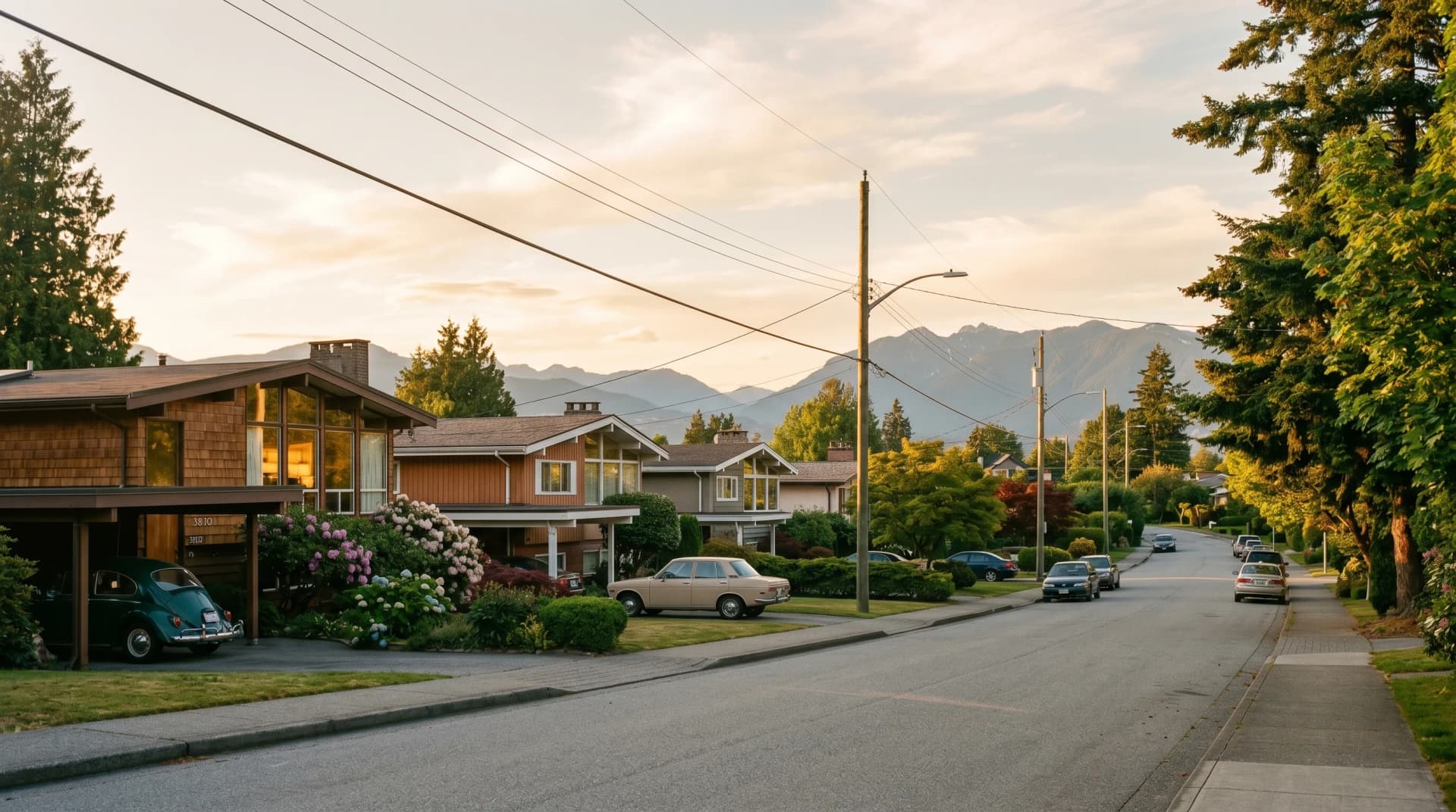 A classic Burnaby Heights mid-century bungalow street with cedar-shingle and painted-wood-siding ranchers, large picture windows, exposed rafter tails and mature Douglas-firs — Distinctive Form serves Burnaby