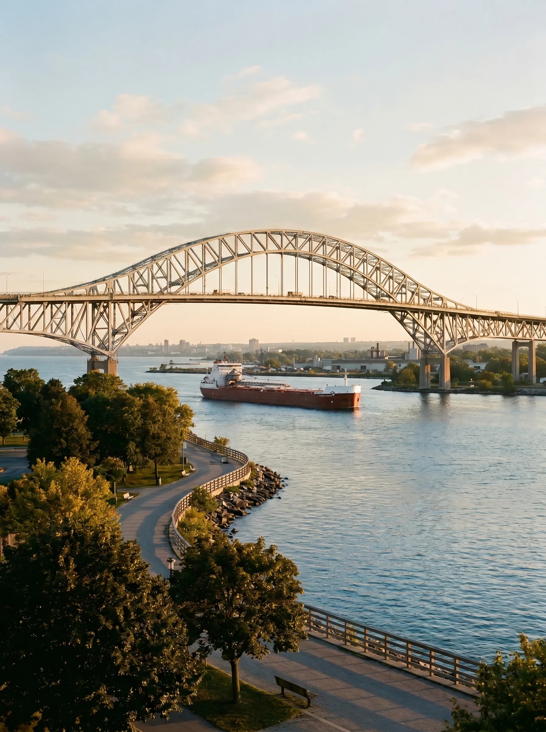The Burlington Skyway Bridge arching over the harbour entrance with Spencer Smith Park and Lake Ontario in the foreground at golden hour — Distinctive Form serves Burlington and Halton Region