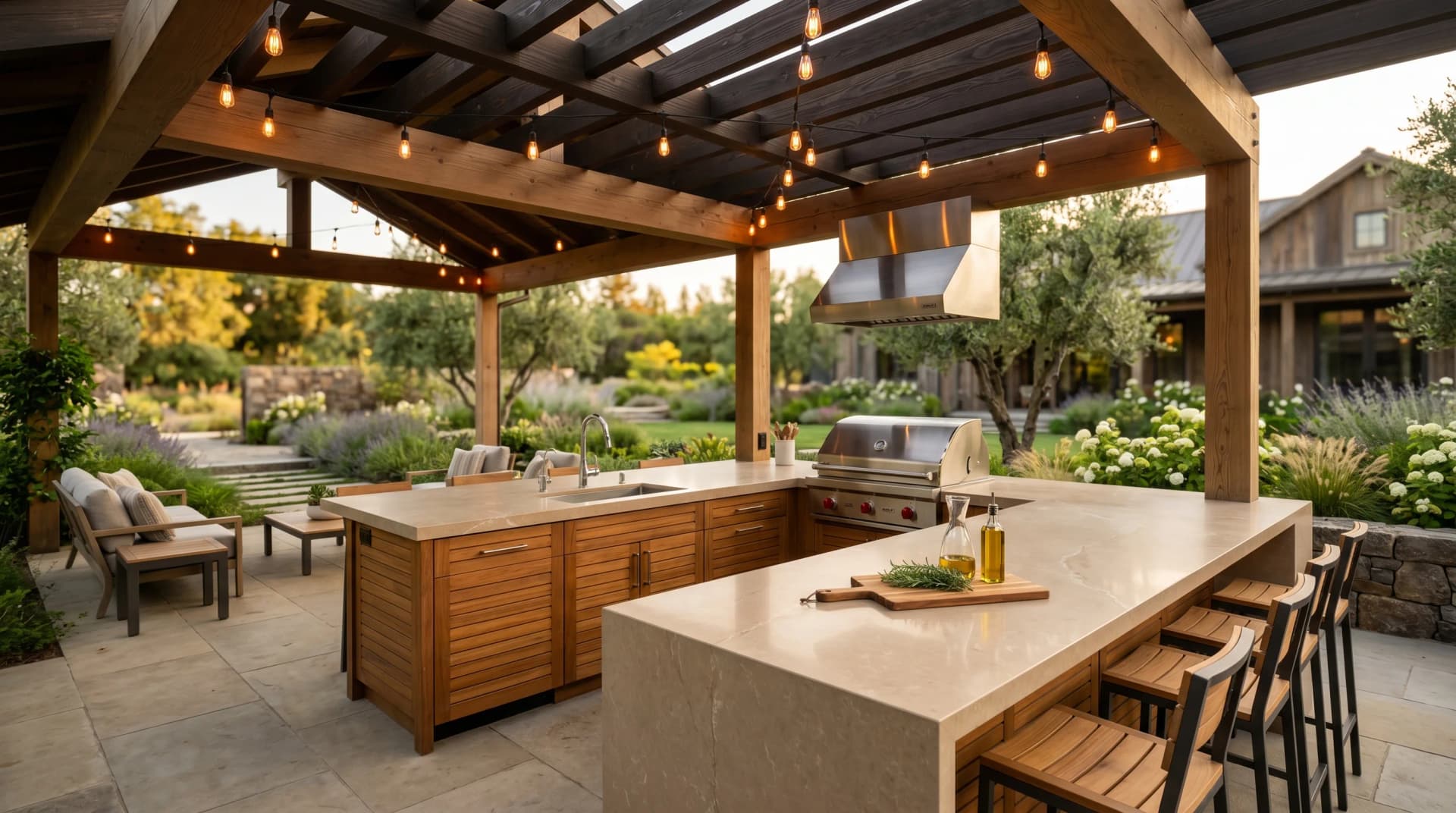 Distinctive Form premium quartz and porcelain countertops for Halifax homes — a covered outdoor luxury kitchen featuring a warm beige engineered quartz countertop with eased edge.