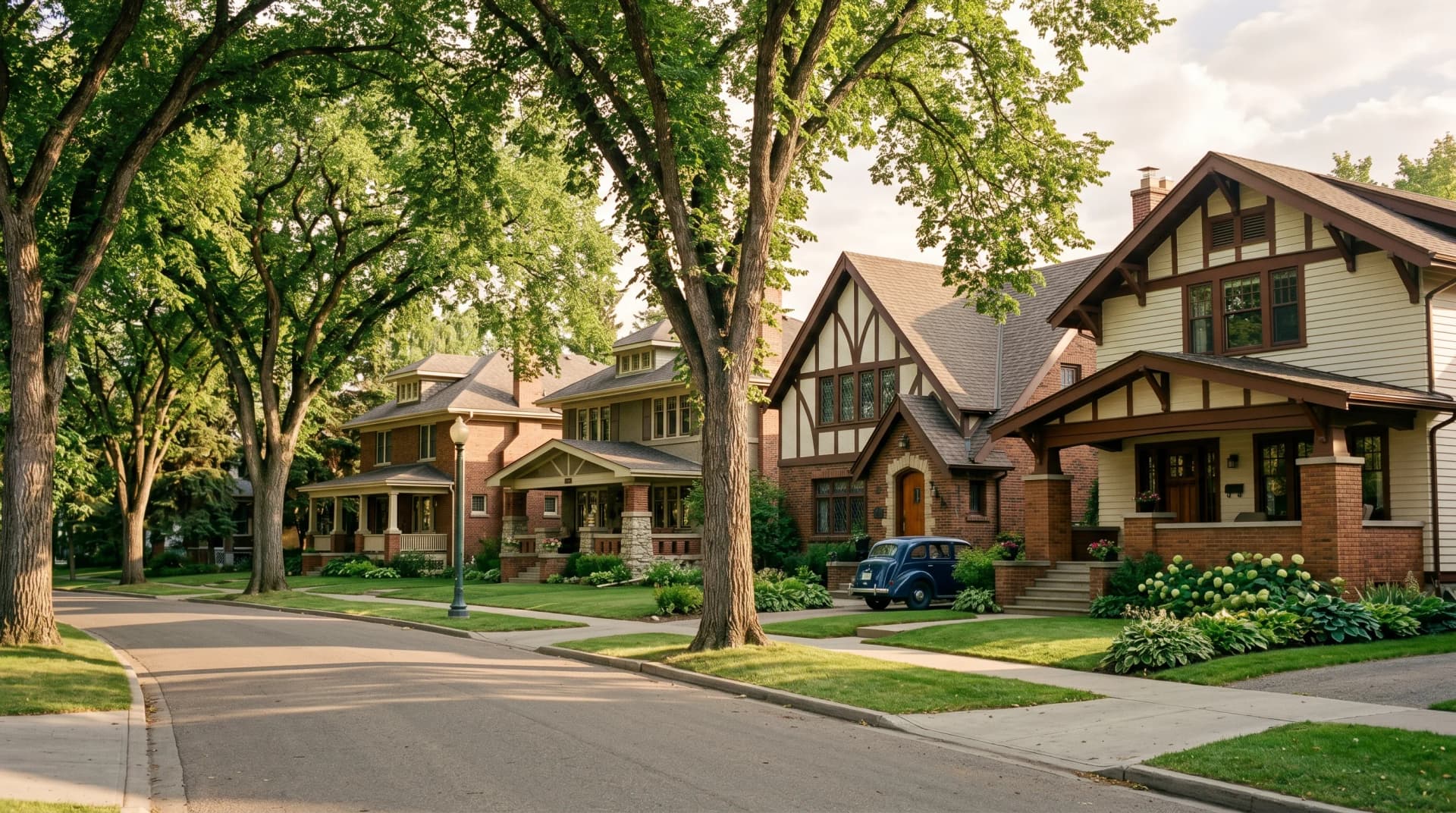 A tree-lined Glenora or Highlands street with classic 1910s-1930s Edmonton brick-and-clapboard character homes under mature deciduous elms at golden hour — the mature-neighborhood character homes Distinctive Form serves in Edmonton
