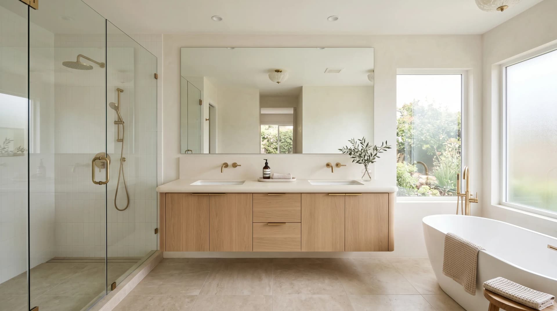 Distinctive Form premium quartz and porcelain countertops for Windsor homes — a luxury primary bathroom with a cream engineered porcelain vanity countertop and semi-bullnose edge.