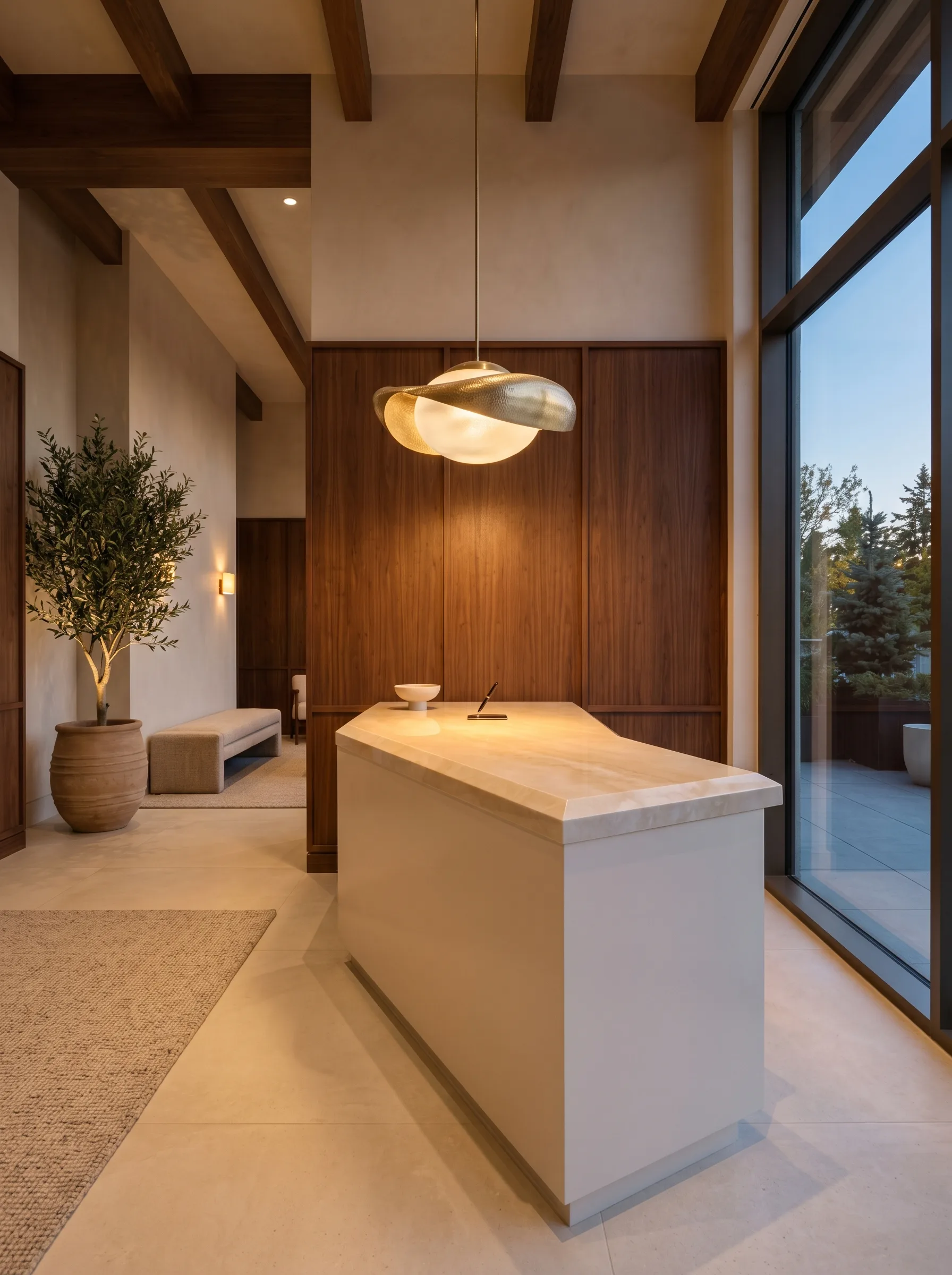 Luxury hotel-lobby reception desk with a polished engineered porcelain front counter, warm walnut millwork, and sculptural pendant lighting — Distinctive Form premium commercial countertops