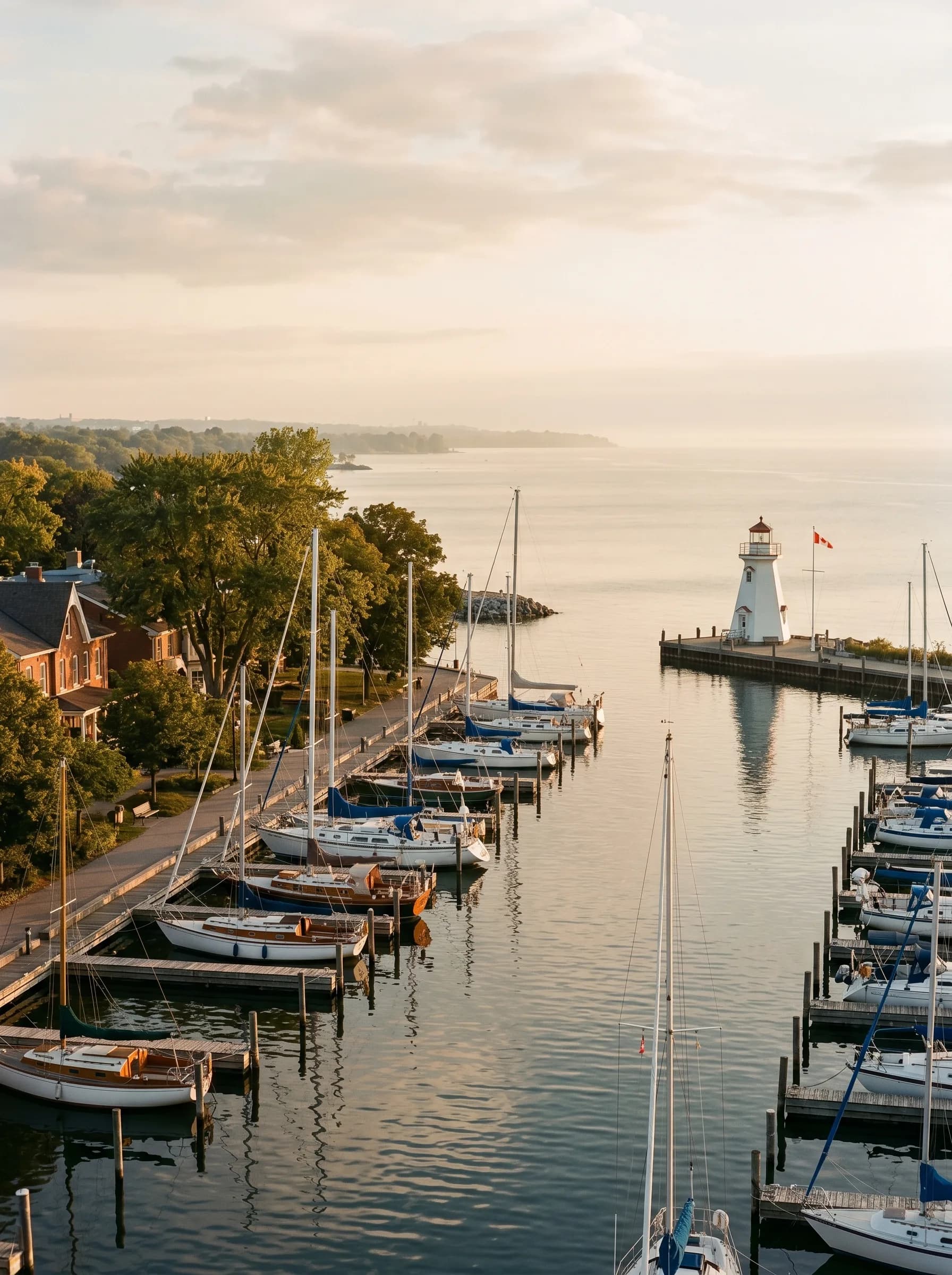 The historic Oakville Harbour at the mouth of Sixteen Mile Creek with the white-painted Oakville Lighthouse and Lake Ontario beyond at golden hour — Distinctive Form serves Oakville and Halton Region