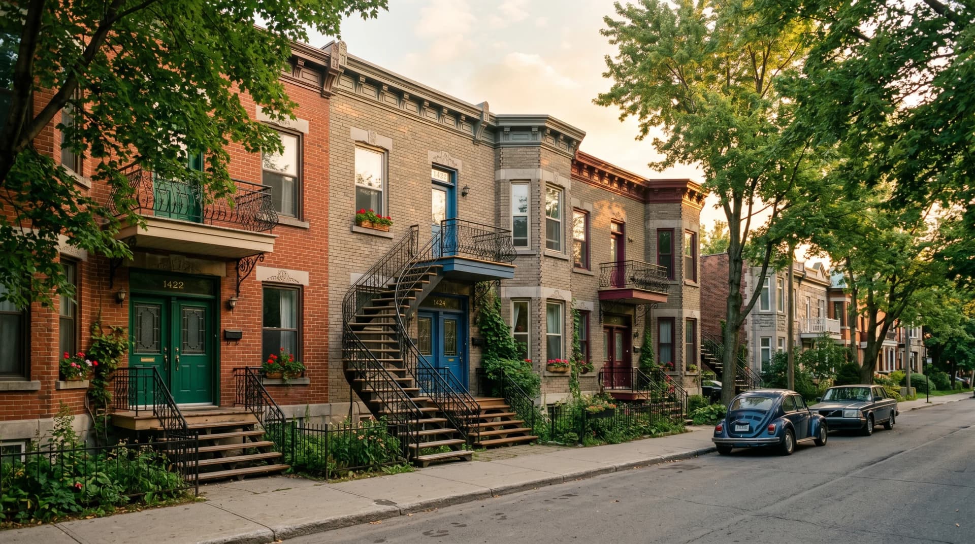 A classic Plateau Mont-Royal residential street with iconic Montreal triplex row houses, exterior wrought-iron spiral staircases, and mature maples at golden hour — the heritage row houses Distinctive Form serves in Montreal