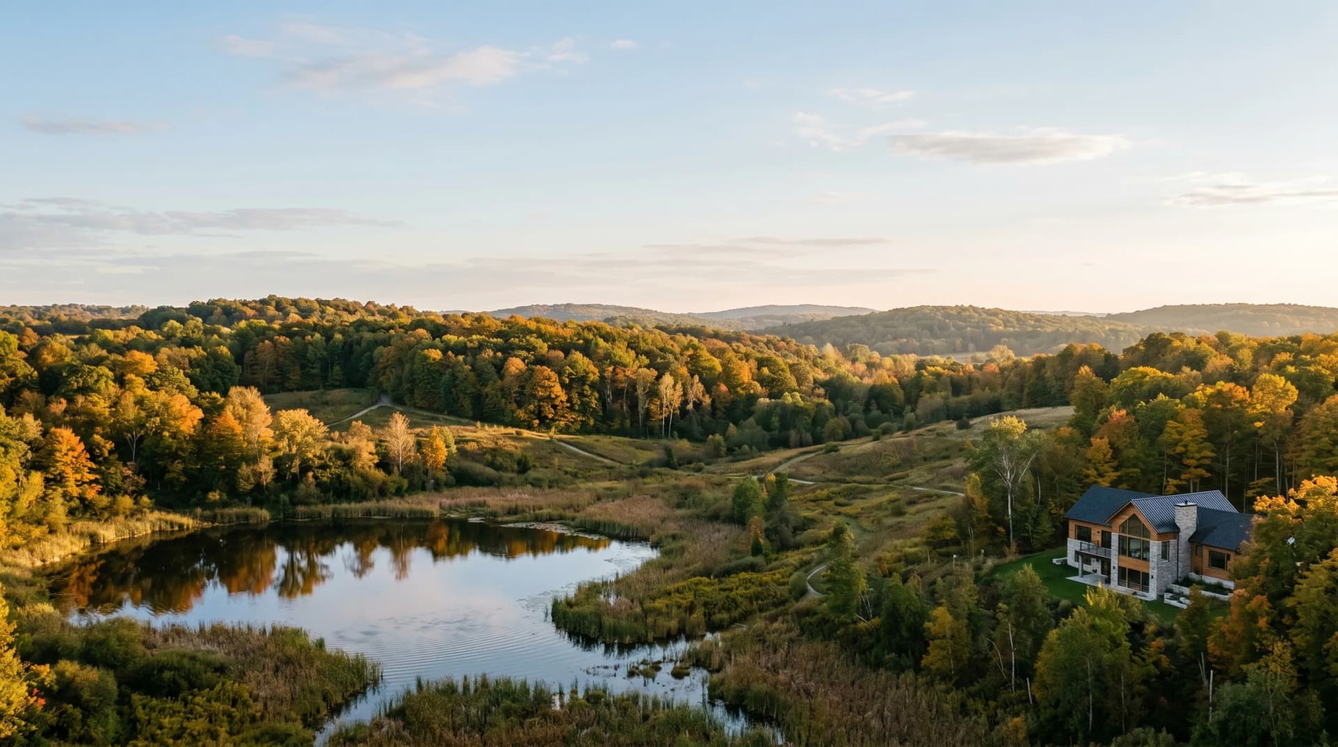 The protected Oak Ridges Moraine landscape north of Richmond Hill at golden hour with rolling wooded Carolinian hills, a soft kettle pond reflecting warm light, and a single new custom home set respectfully on the moraine edge — Distinctive Form serves Richmond Hill