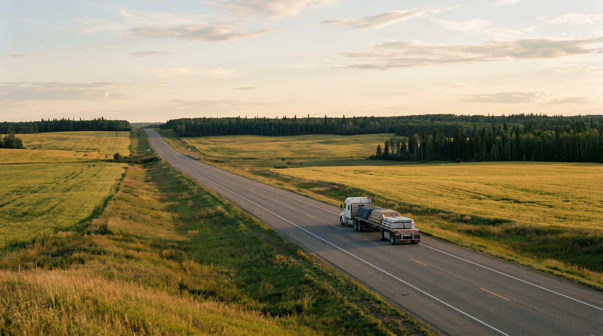 Highway 43 cutting across the wide Peace Region landscape north of Edmonton toward Grande Prairie at golden hour, a single white transport truck loaded with palletized building materials heading northwest, flat canola and barley fields stretching to a distant boreal spruce treeline — the 450-kilometre supply distance Distinctive Form bridges for Grande Prairie