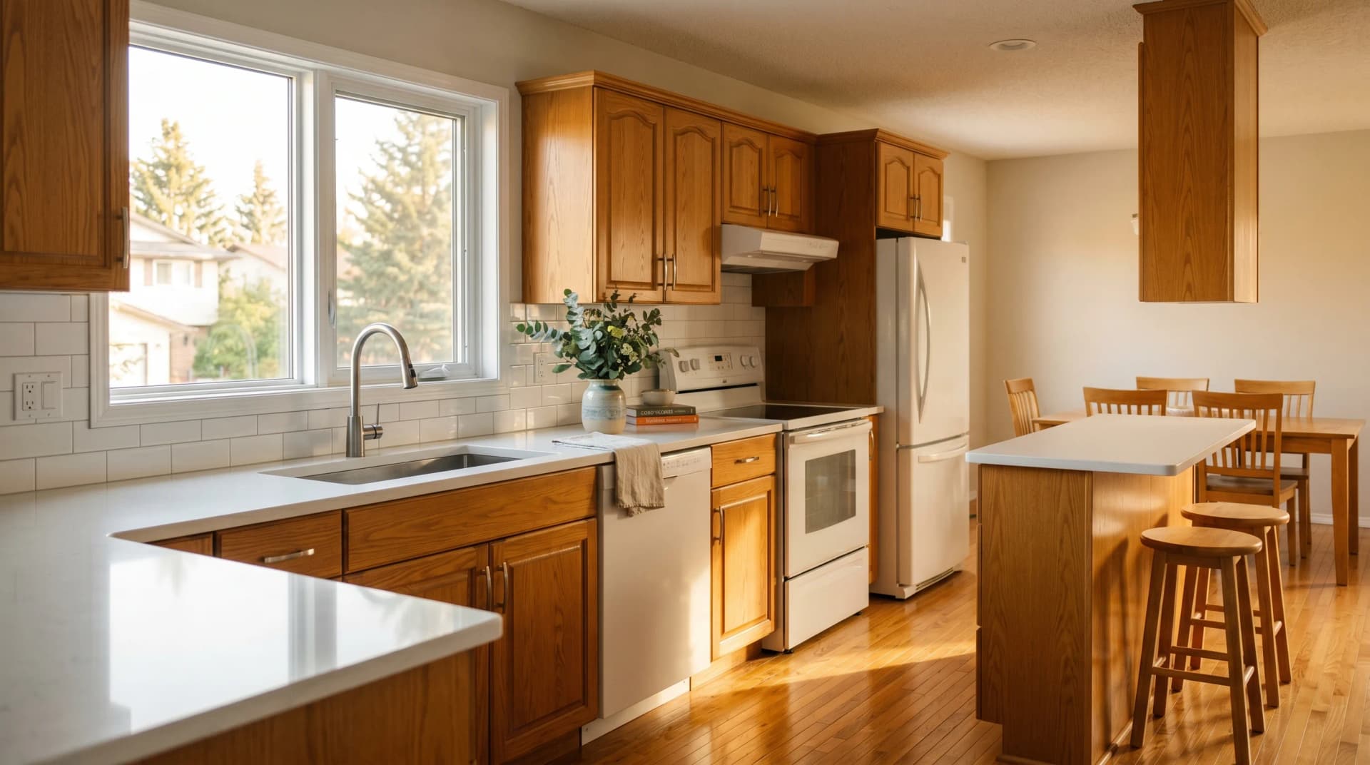 A renovated 1980s Grandin St. Albert family kitchen at golden hour with a polished white engineered quartz countertop and clean eased edge on refreshed honey-oak cabinetry and a retained L-shaped breakfast bar — the mature-home upgrades Distinctive Form serves in St. Albert