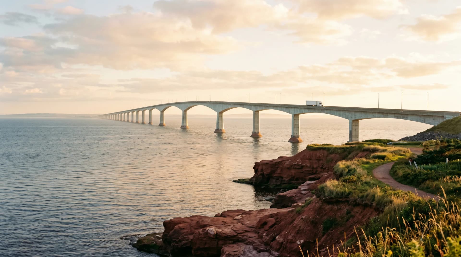 The long white concrete Confederation Bridge stretching across the Northumberland Strait with a single transport truck mid-crossing and red PEI sandstone cliffs in the foreground — Distinctive Form serves Charlottetown