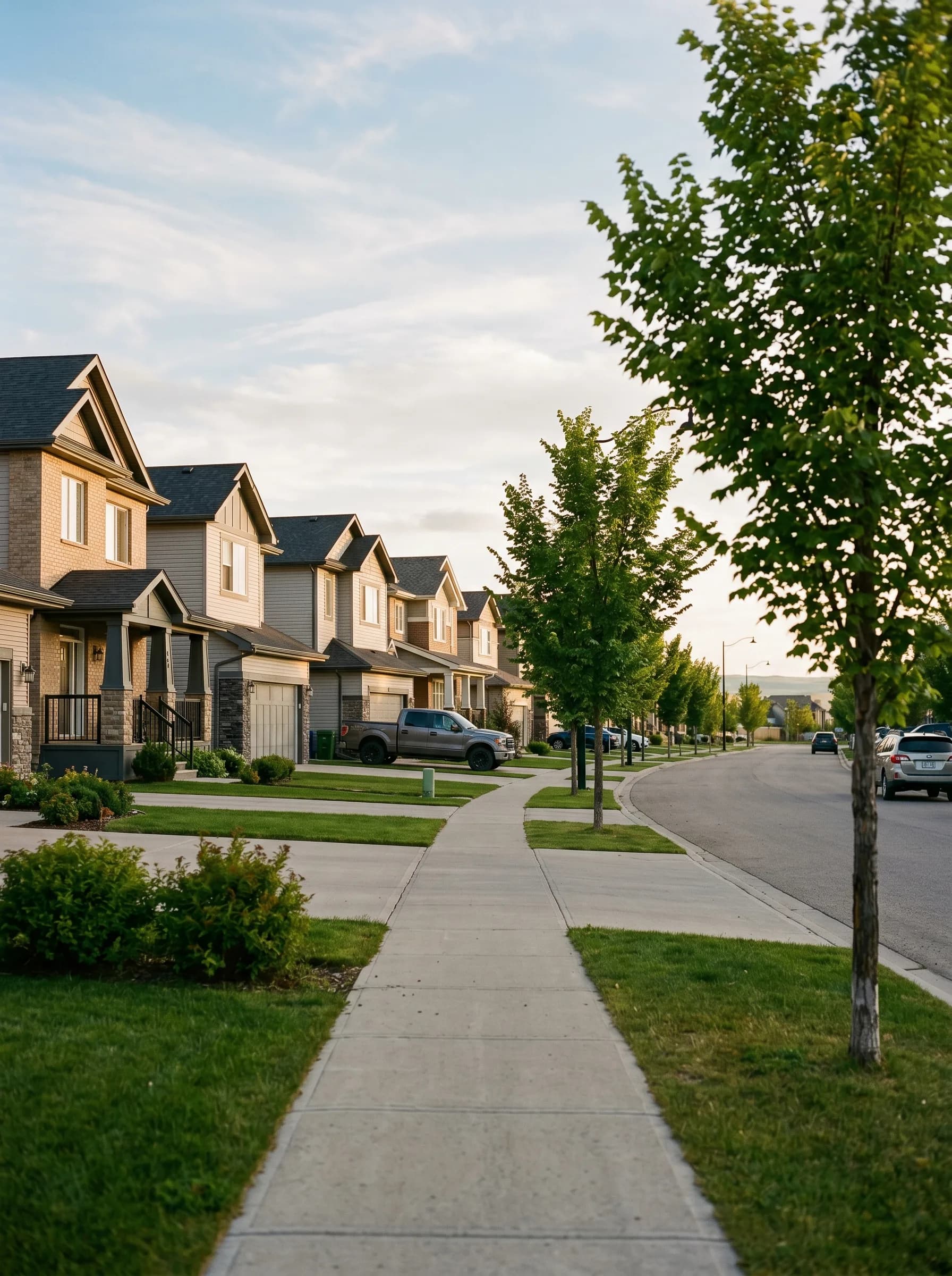 A residential street in Airdrie, Alberta with newer two-story brick and siding homes, young maples lining the sidewalk, and wide foothills sky above — Distinctive Form serves Airdrie and area