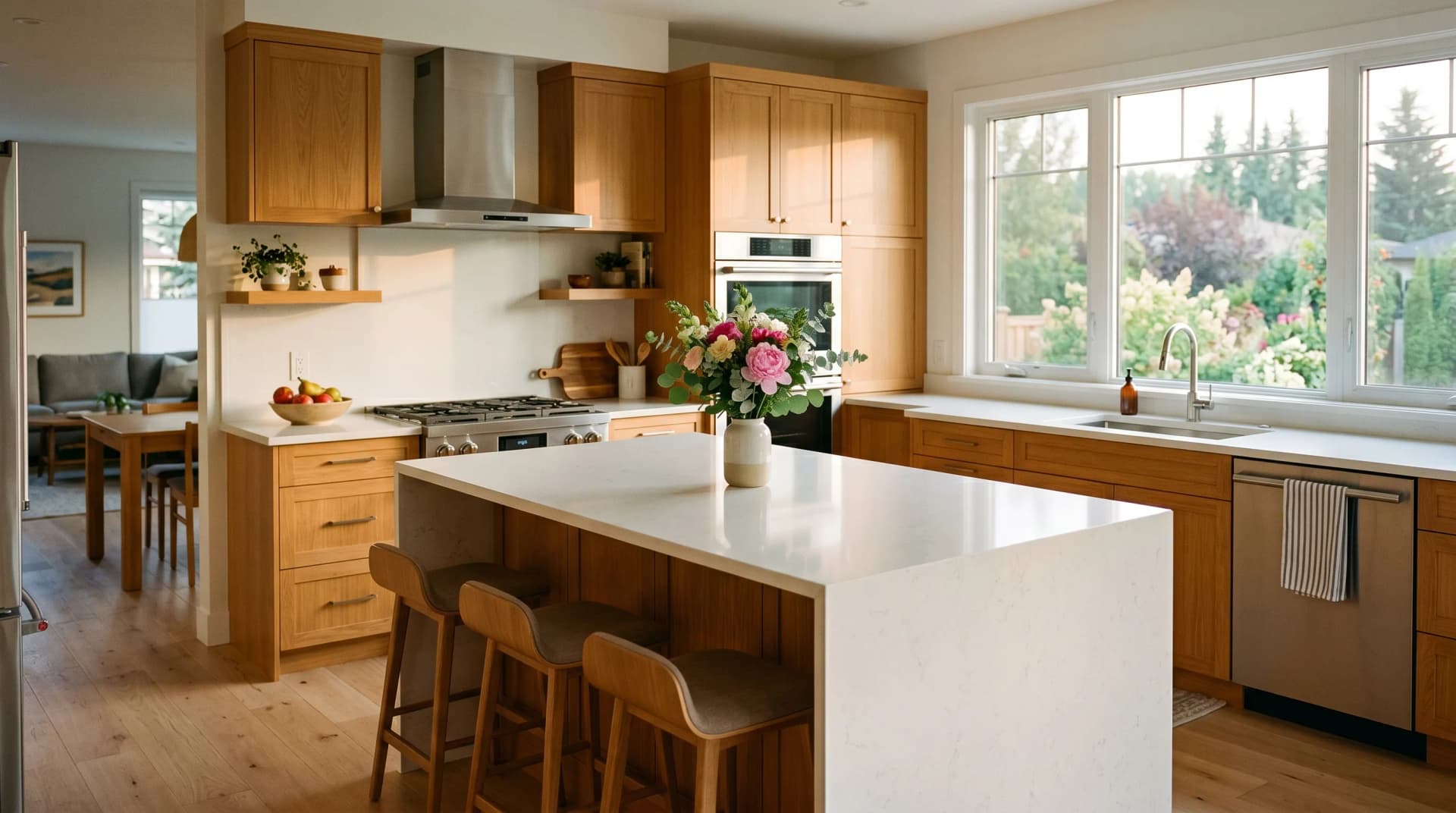 A freshly rebuilt Abasand or Beacon Hill Fort McMurray family kitchen at golden hour marking a post-2016-wildfire rebuild, with a polished white engineered quartz waterfall island and clean eased edge on warm honey-oak cabinetry, a single fresh-cut bouquet in a tall ceramic vase as a quiet symbol of new beginnings, brand-new appliances and fresh hardwood floors — the rebuild projects Distinctive Form serves Fort McMurray with