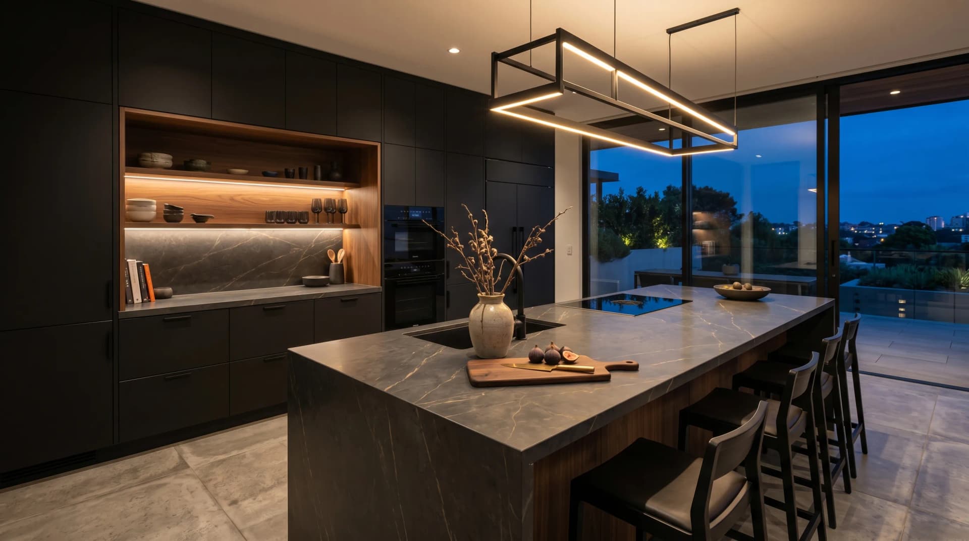 Distinctive Form premium quartz and porcelain countertops for Calgary homes — a contemporary kitchen with charcoal engineered porcelain countertops and eased edge profile.