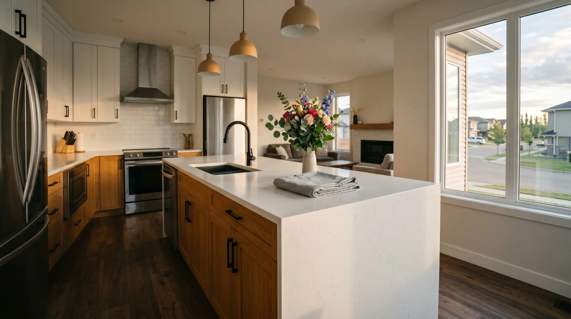 A Countryside South or Westpointe Grande Prairie suburban kitchen at golden hour with a polished white engineered quartz waterfall island and clean eased edge on warm honey-oak cabinetry, a folded dust sheet on the counter marking a freshly completed surface upgrade in a 2010s Peace Region boom-era build — Distinctive Form upgrades Grande Prairie