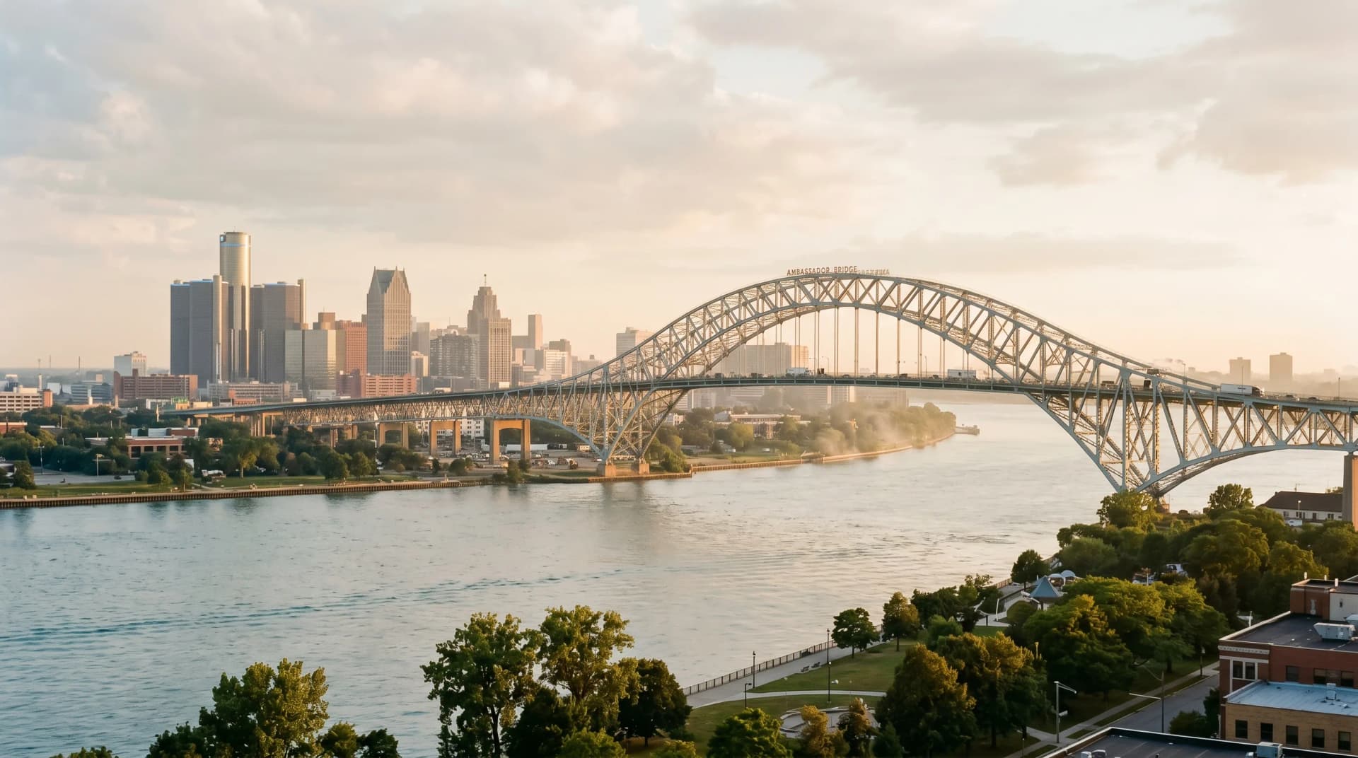 The Ambassador Bridge spanning the wide Detroit River between Windsor and Detroit in humid mid-summer golden-hour light with heat haze shimmering above the water and a hazy Detroit skyline on the far bank — Distinctive Form serves Windsor