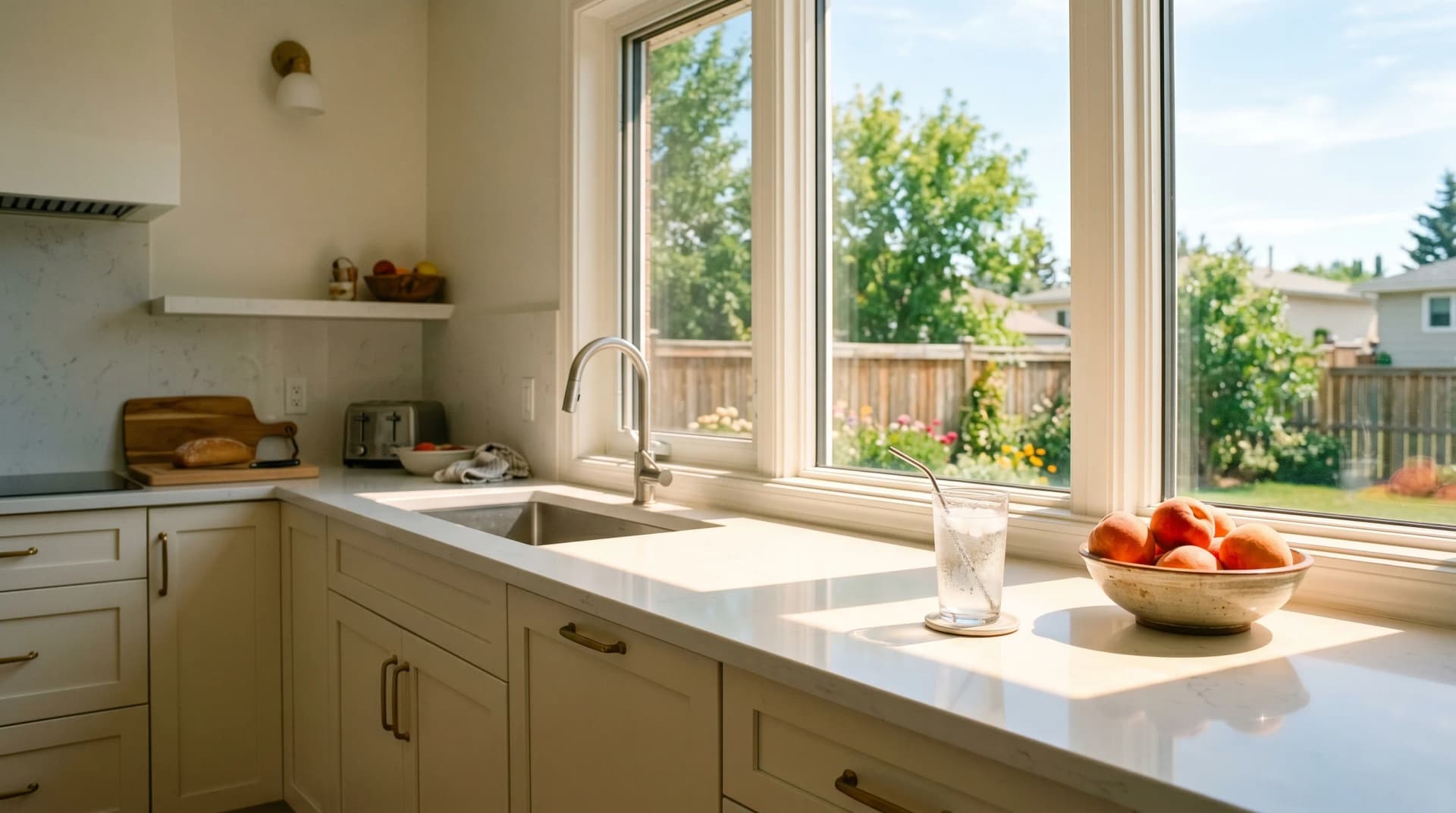 A sun-drenched Parkview or River Heights Medicine Hat family kitchen in mid-summer with a polished white engineered quartz countertop and clean eased edge on cream shaker cabinetry, bright dry Southeast Alberta light flooding through a south-facing window — the extreme sun and heat Distinctive Form engineers around for Medicine Hat