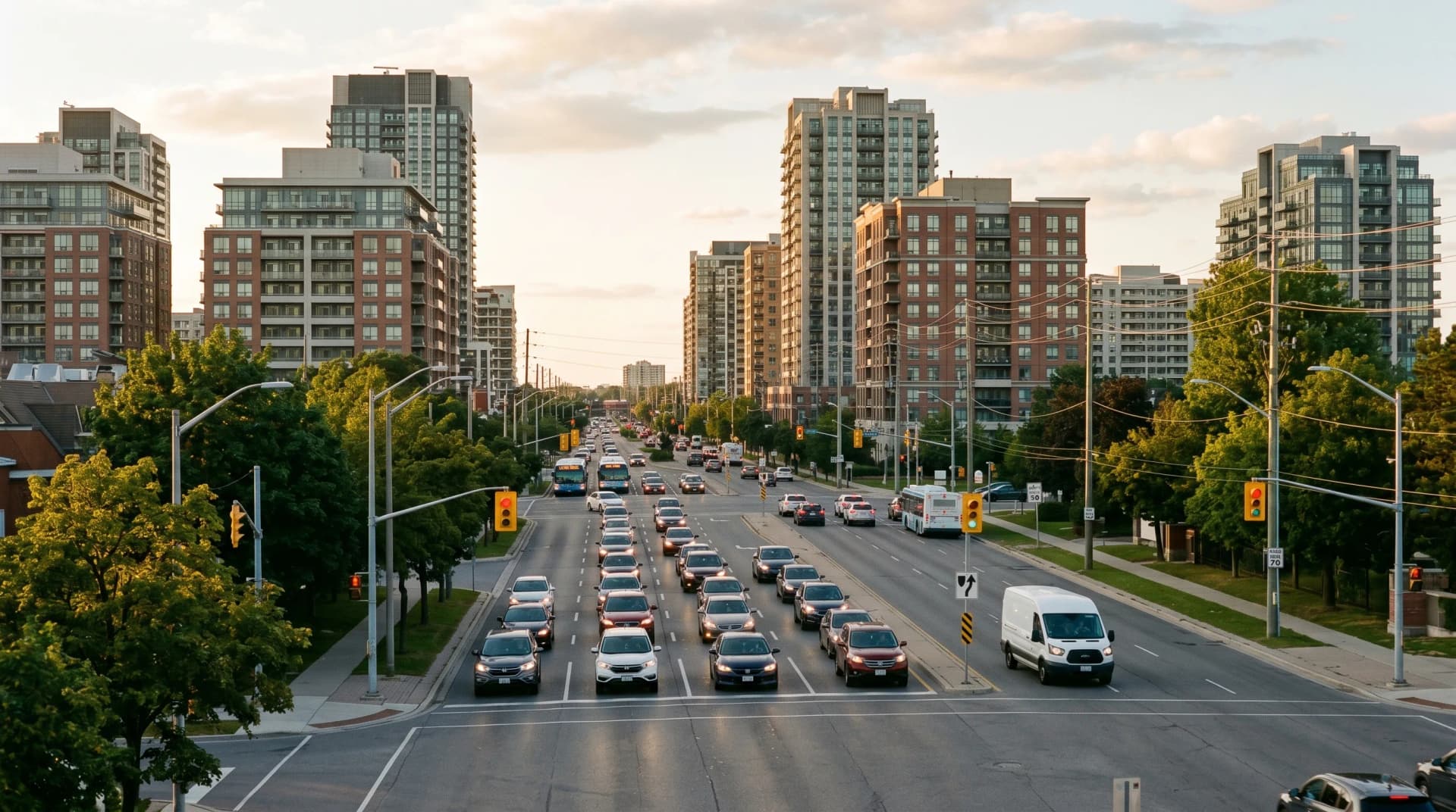 The busy Yonge Street and Highway 7 corridor through Richmond Hill at golden hour with steady afternoon traffic, modern mid-rise condos rising on both sides, and a single white delivery van moving carefully through the lanes — Distinctive Form serves Richmond Hill