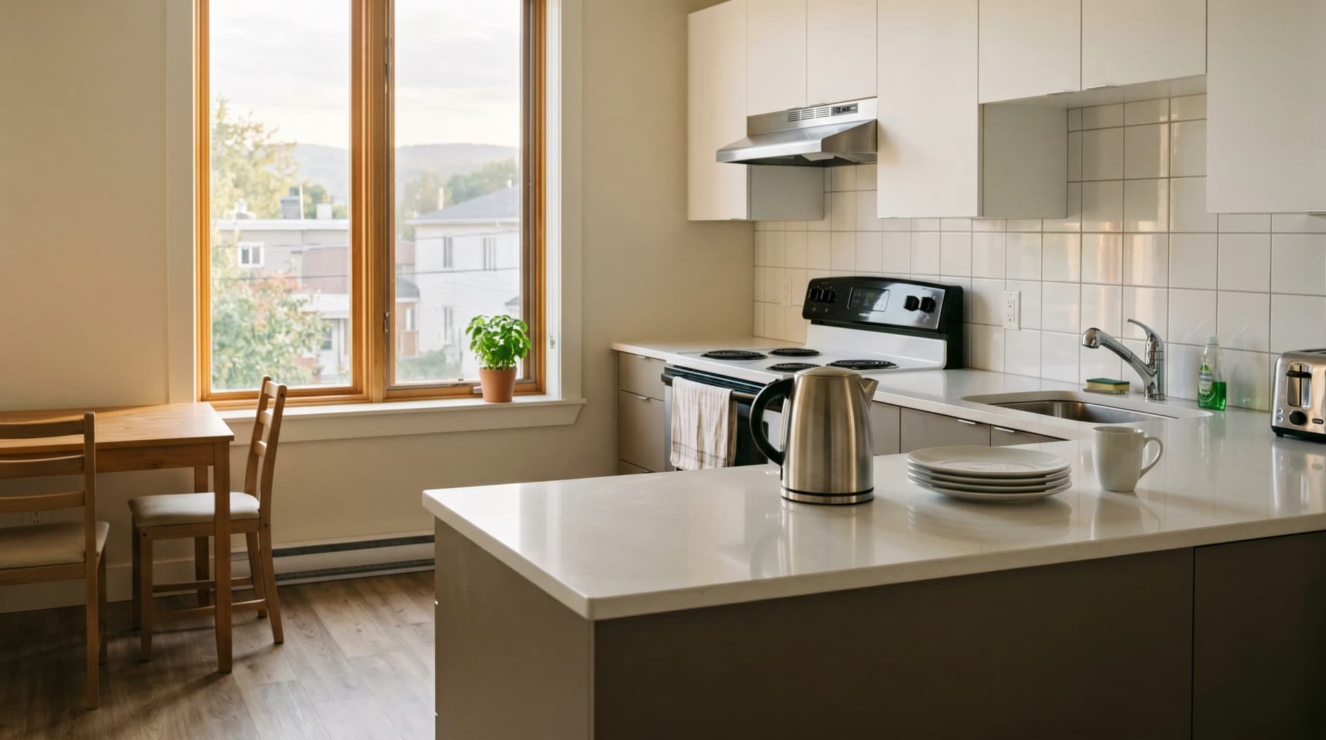 A Fleurimont Sherbrooke student-rental kitchen with a polished white quartz countertop and eased edge on durable warm-grey cabinetry, a stainless kettle and plain white plates suggesting tenant turnover, in warm afternoon Townships light — Distinctive Form serves Sherbrooke