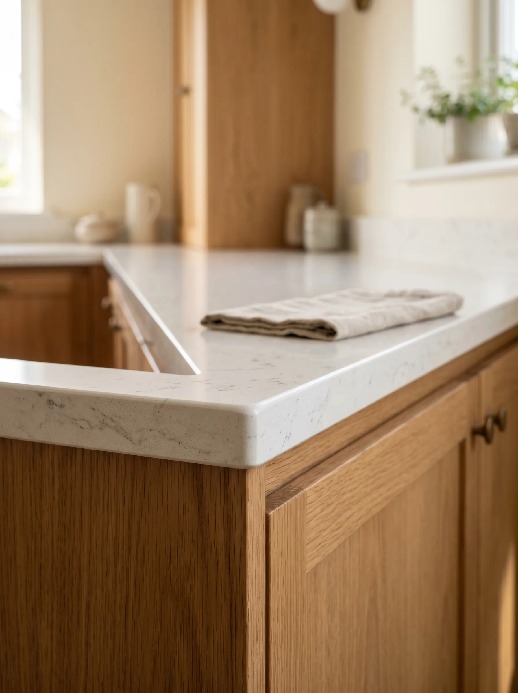 Architectural close-up of a precisely fabricated eased edge profile on a polished engineered quartz slab — Distinctive Form edge profile detail