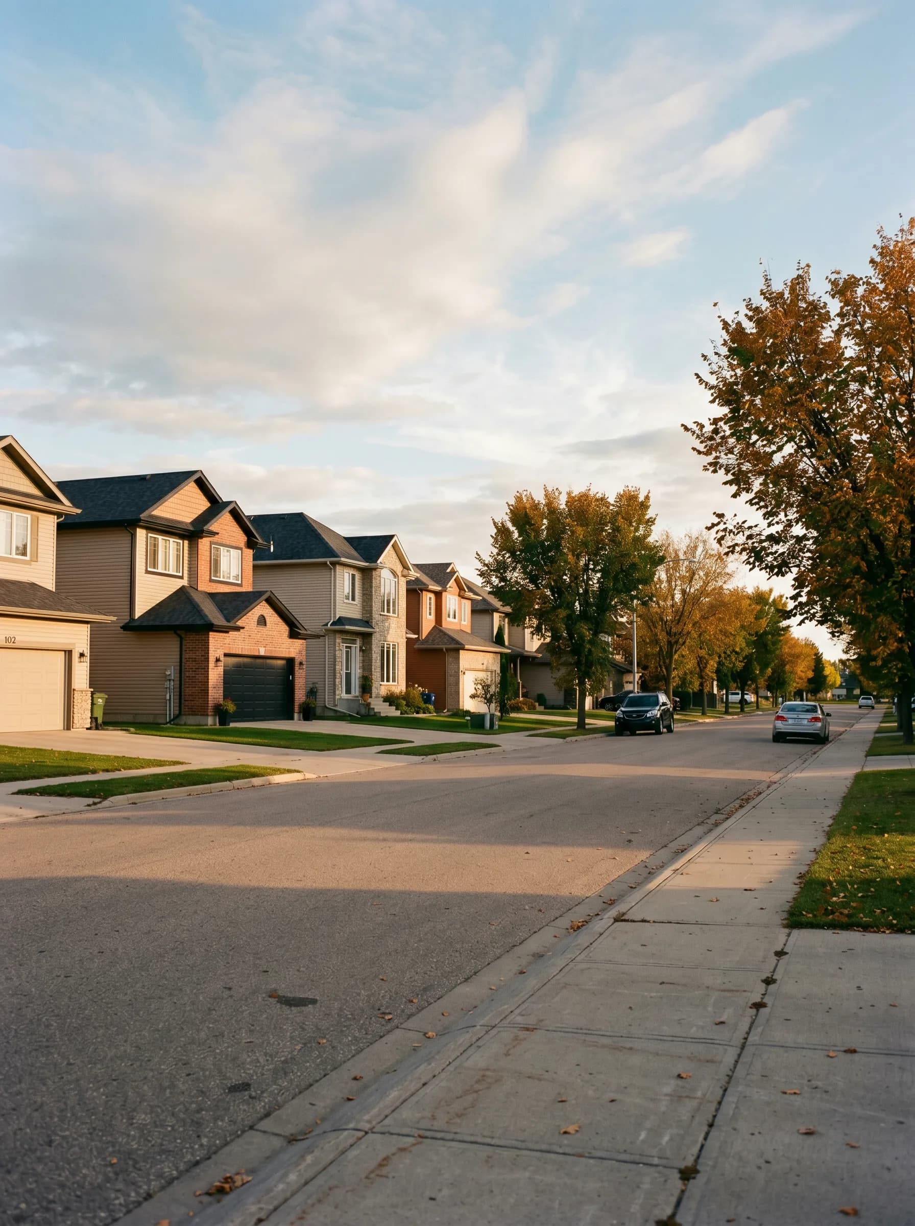 A Brandon, Manitoba residential street with established two-story brick-and-siding homes, mature maples and elms lining the sidewalk under wide prairie sky — Distinctive Form serves Brandon and Western Manitoba