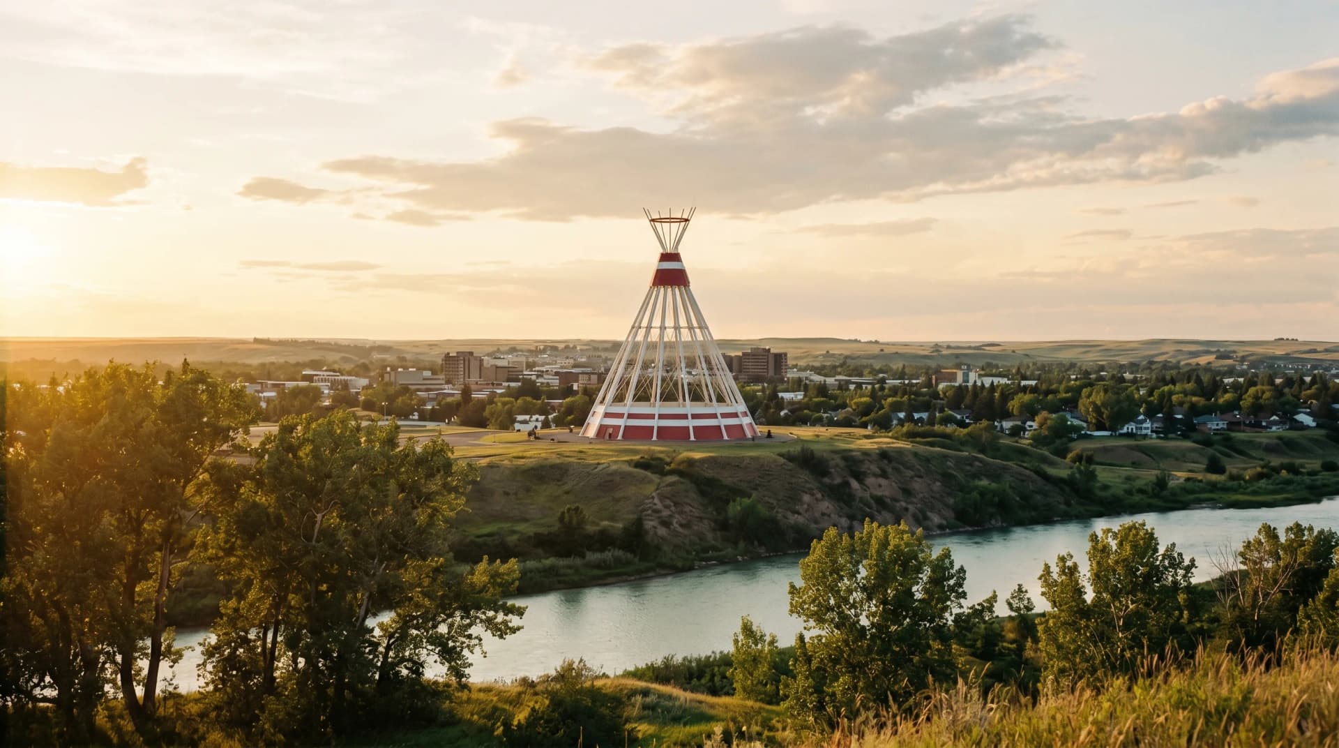 The iconic Saamis Teepee landmark above the South Saskatchewan River in Medicine Hat at golden hour with the downtown skyline beyond and cottonwoods framing the foreground — the Southeast Alberta supply lane Distinctive Form bridges for Medicine Hat