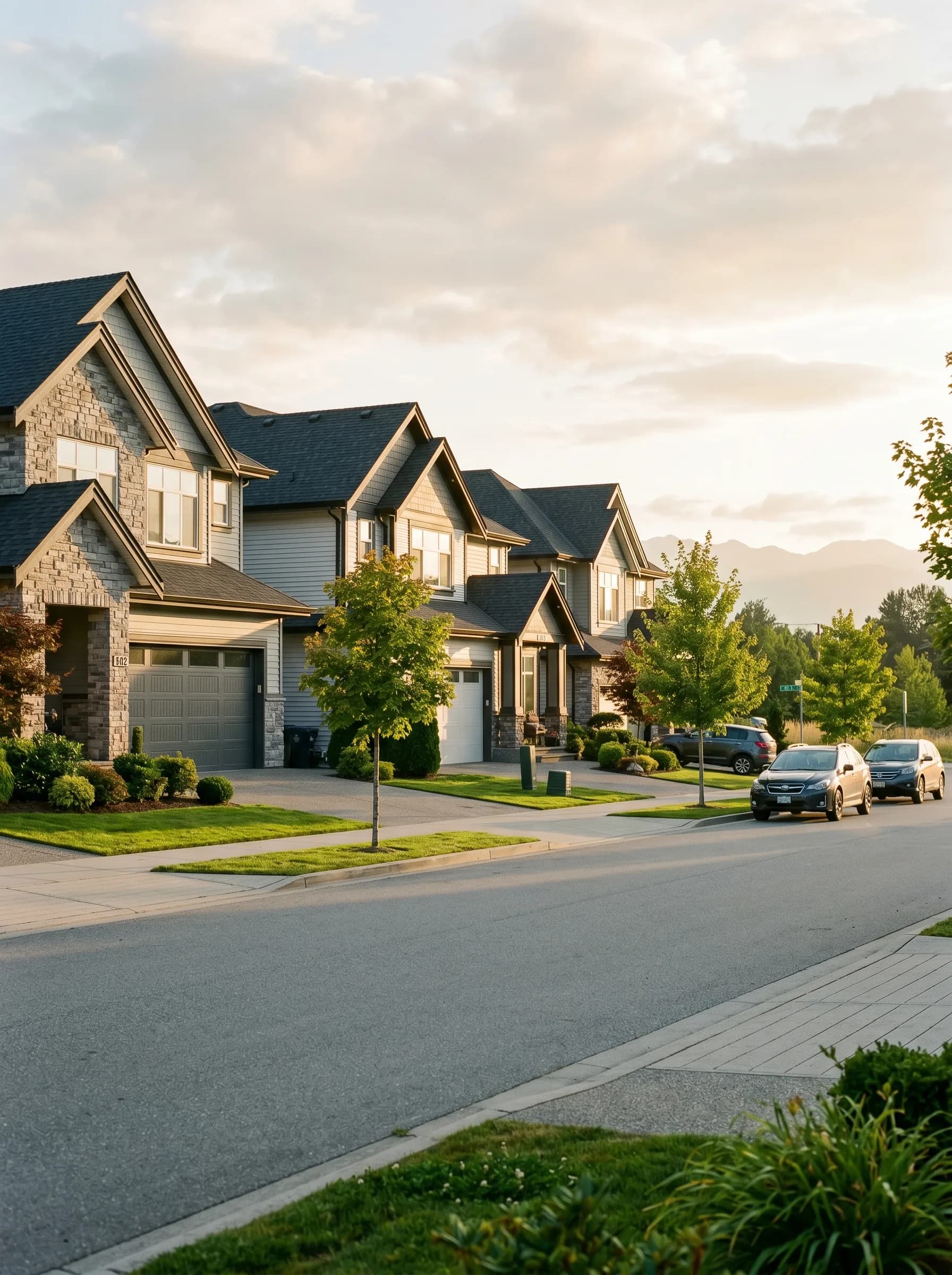 A quiet residential street in Surrey, BC at golden hour with newer stone-and-siding detached homes and the distant North Shore mountains — Distinctive Form serves all Surrey neighborhoods